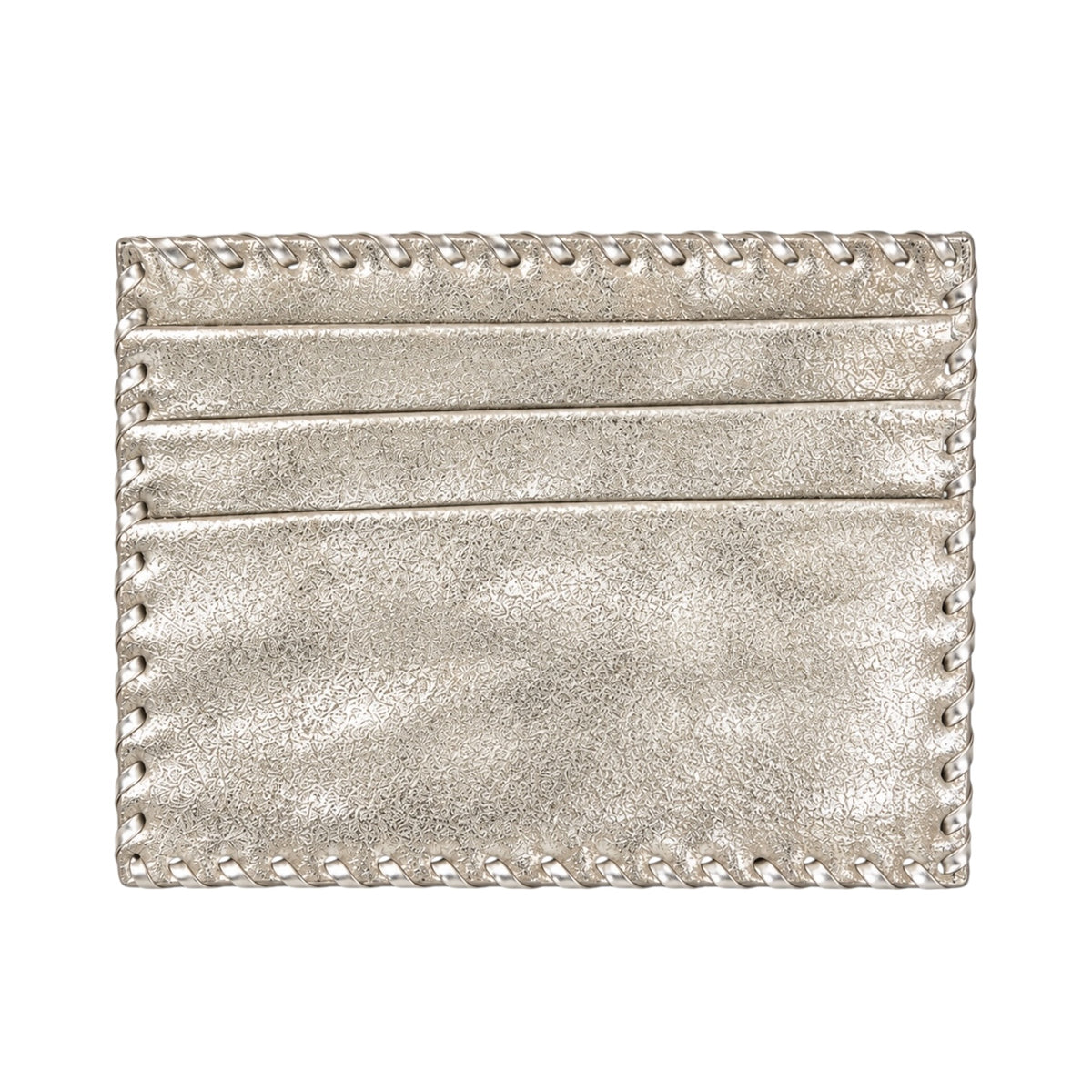A metallic silver cardholder wallet with a textured leather finish, horizontal card slots, and decorative whipstitching along the edges, shown on a plain white background.