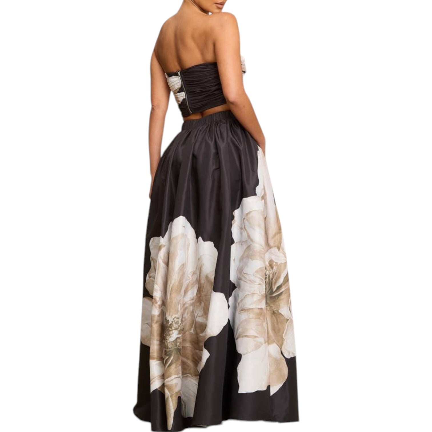 Black strapless set with floral pattern on a white background