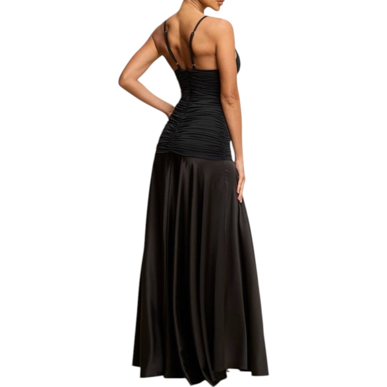 Black evening gown with open back on a white background