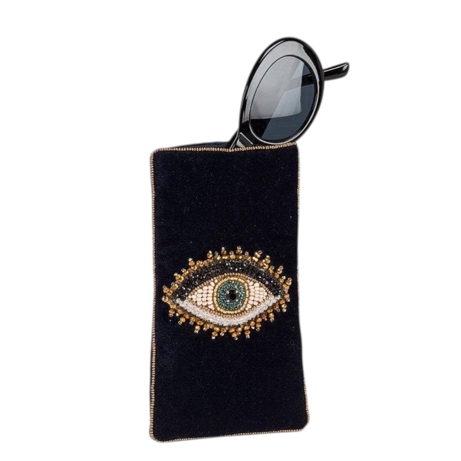 Black sunglasses case with an eye design on a white background