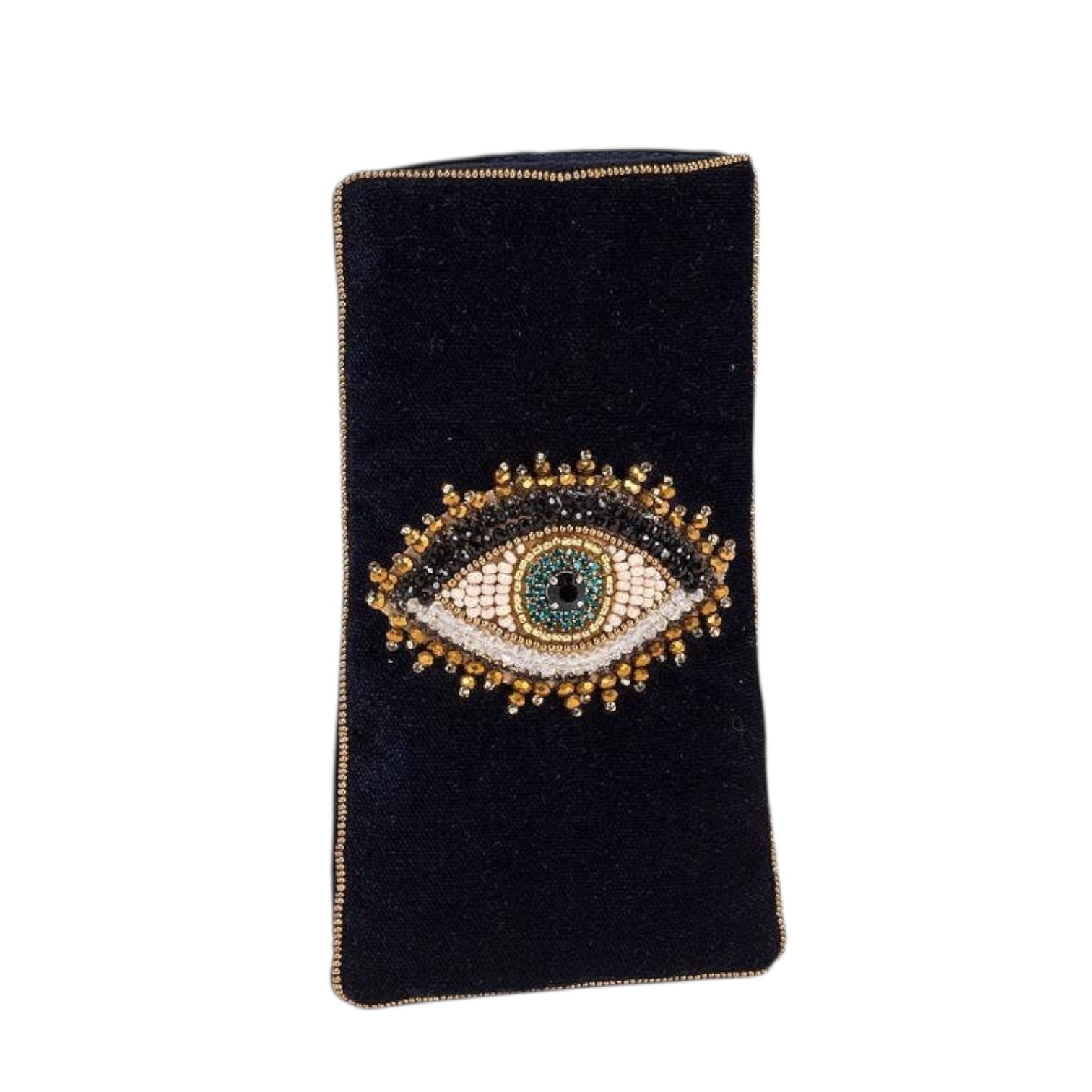 Black pouch with an embroidered eye design on a white background