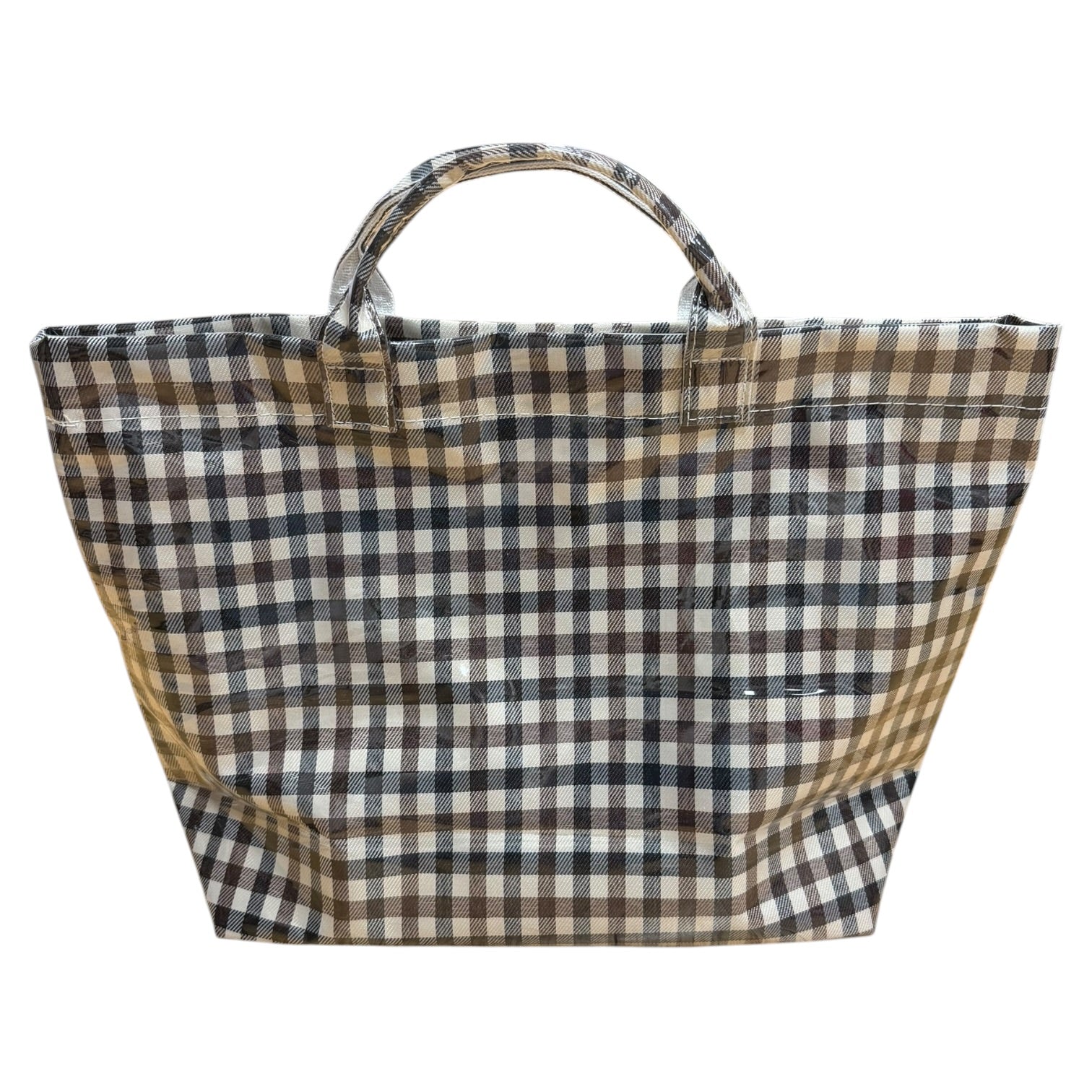 Plaid tote bag with a checkered pattern on a white background
