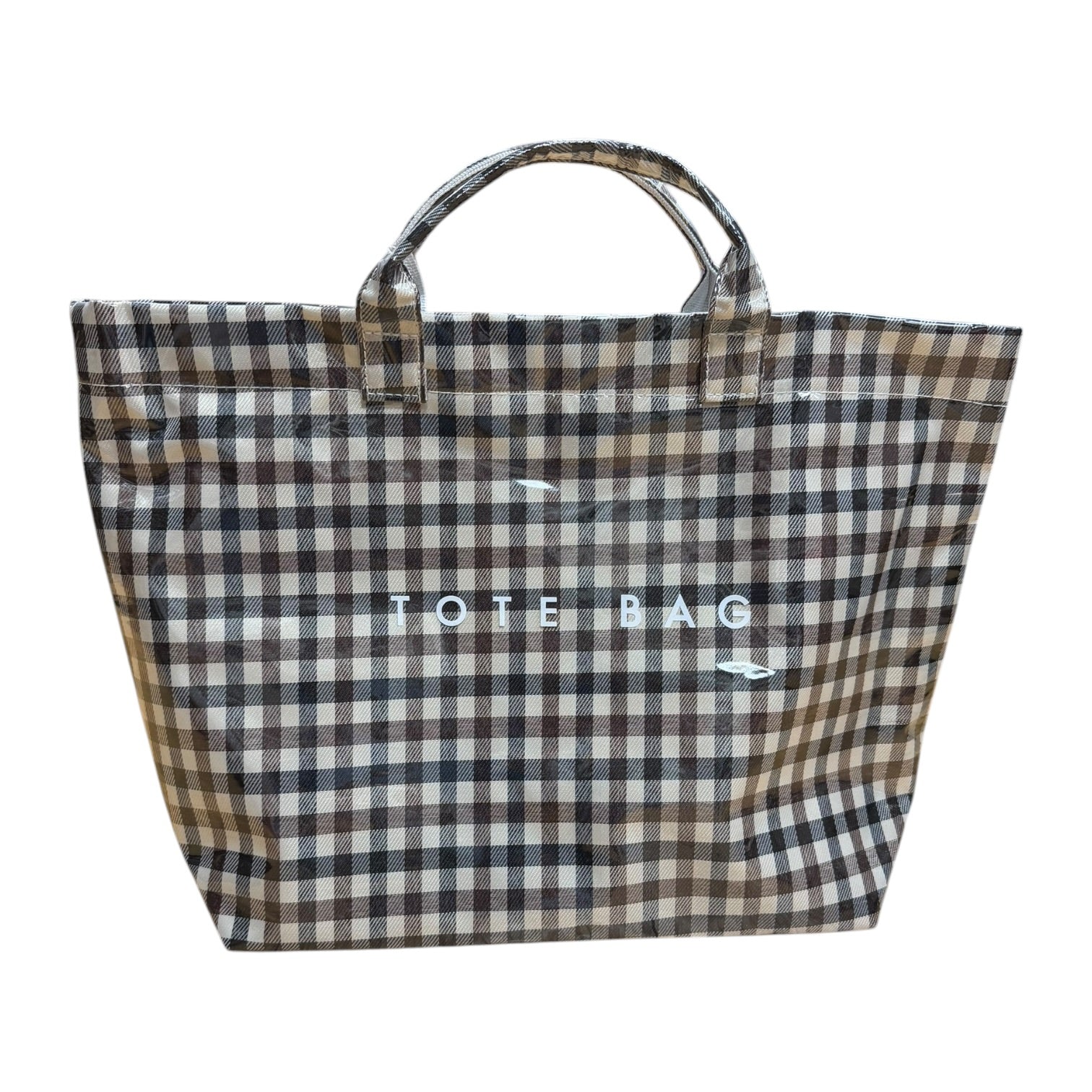 Plaid tote bag with 'TOTE BAG' text on a white background