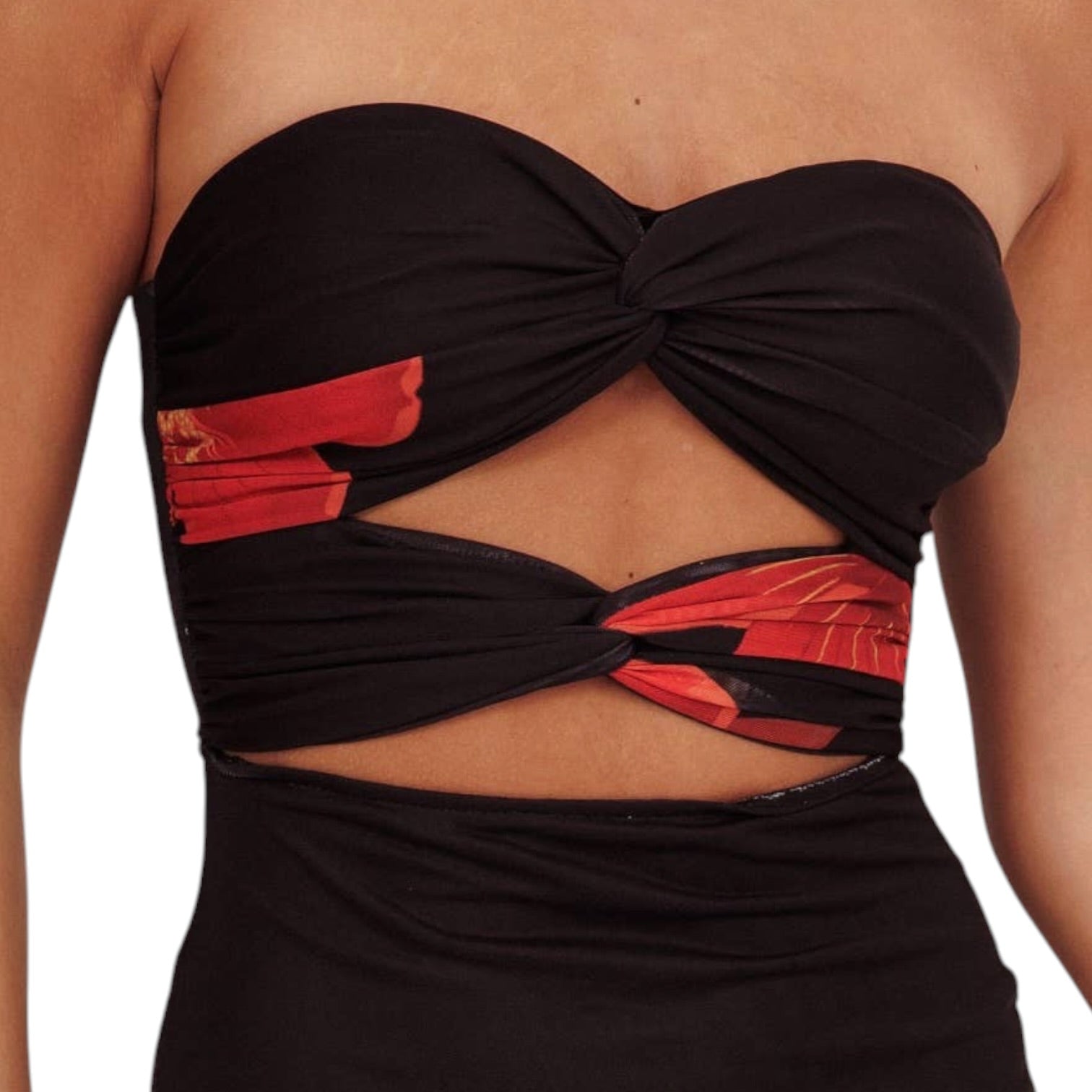 Black strapless top with red accents on a white background