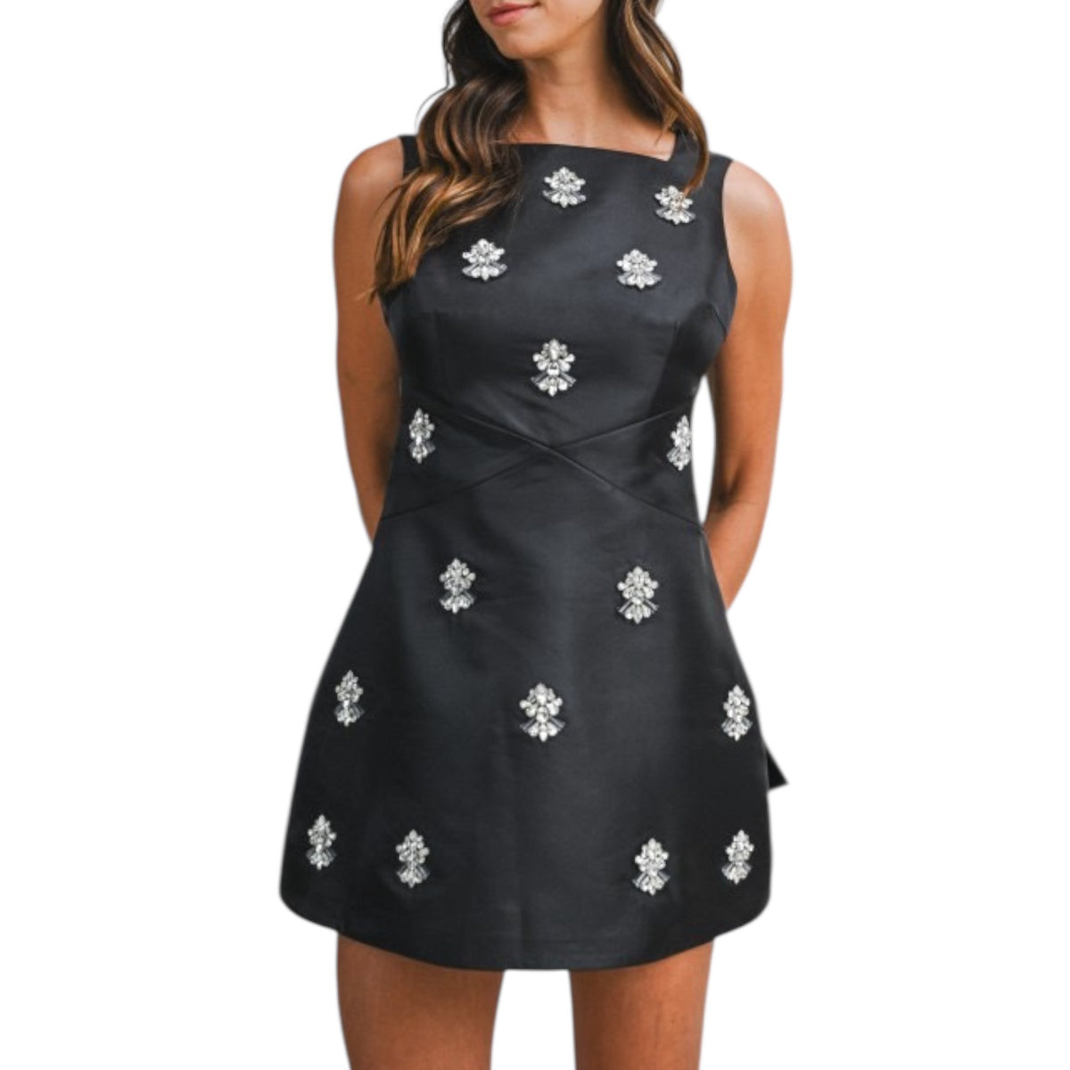 jewel mini dress Midnight Square-Neck Small Graduation Casual Casual Dresses paired with elegant pleated designer silk maxi kaftan dress Color:Gray White