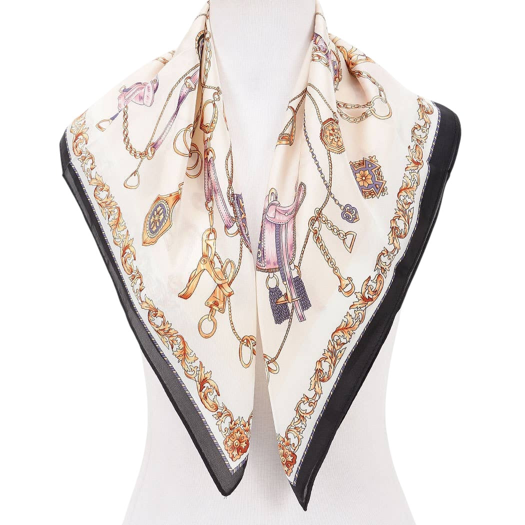 Decorative scarf with jewelry-themed design on a mannequin