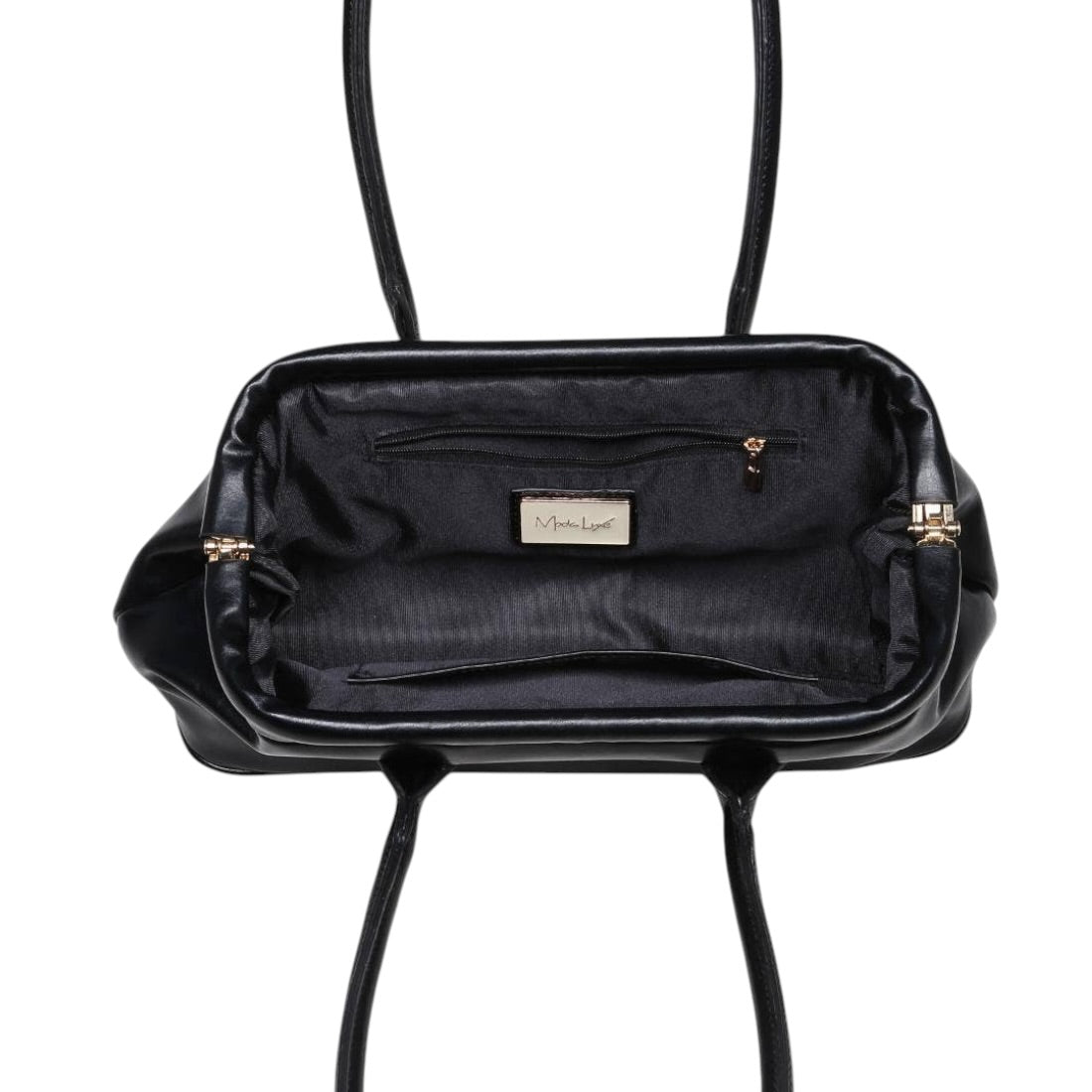Black leather handbag shown from the inside, featuring a black satin-lined interior with a zippered pocket and a small beige brand label reading 'Vacherette Louis Vuitton'.