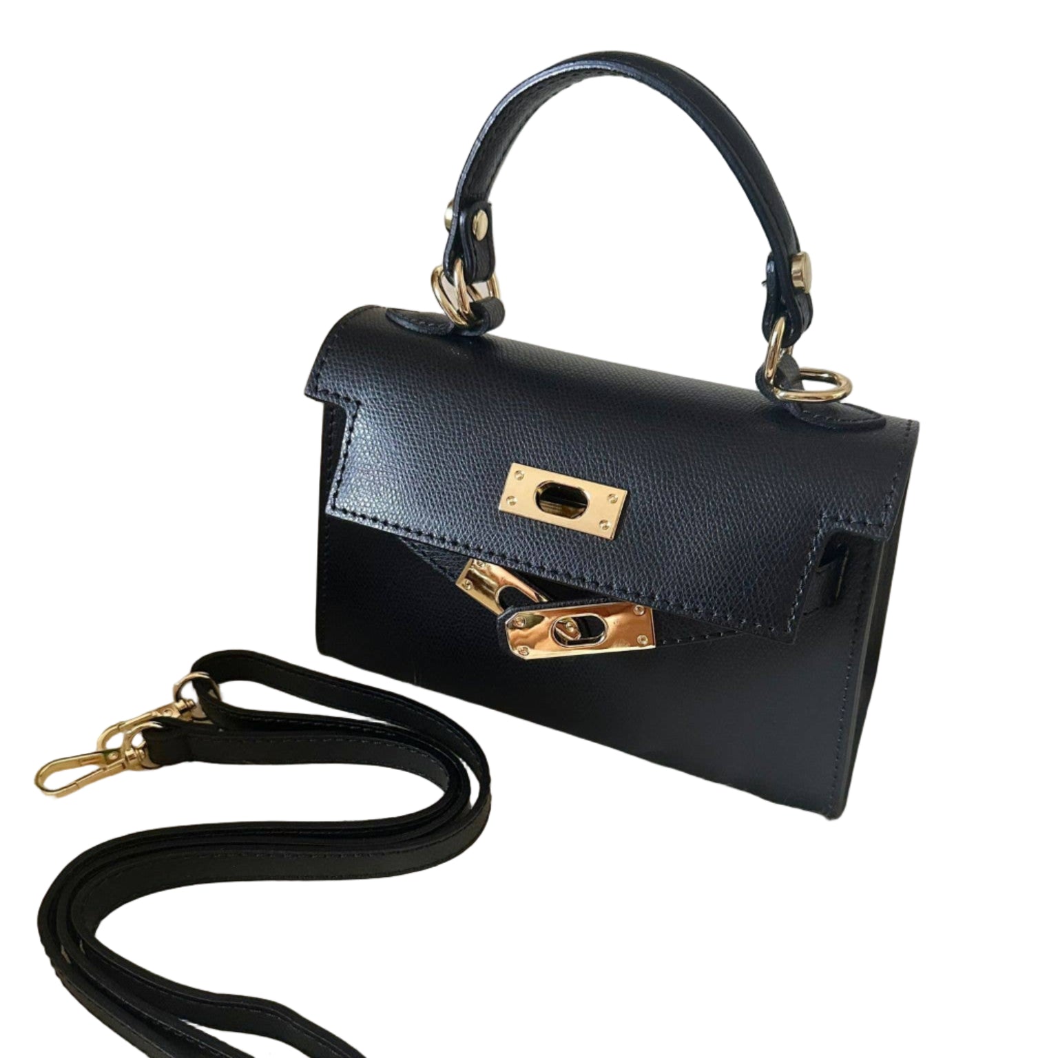 Black handbag with gold accents on a white background