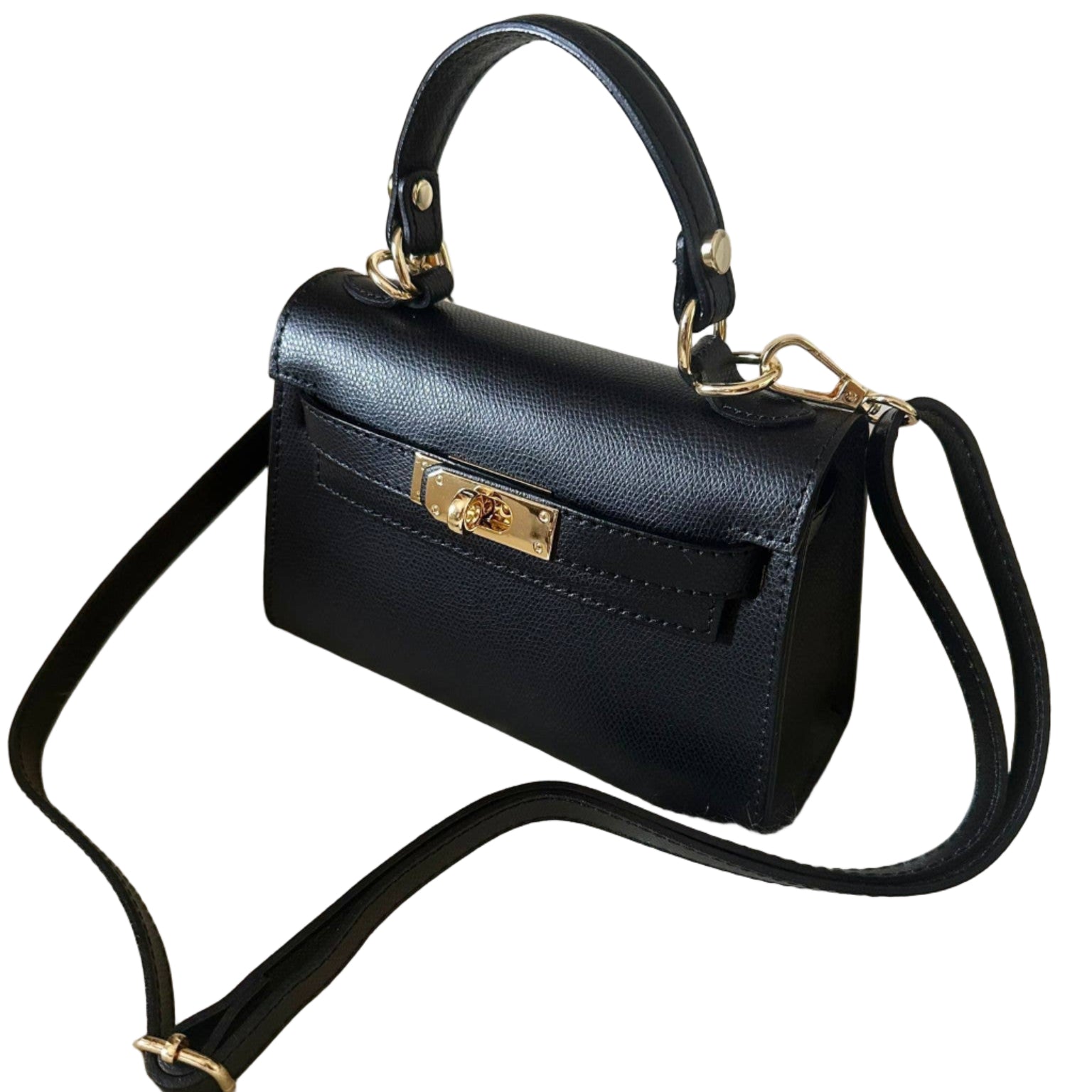 Black handbag with gold accents on a white background