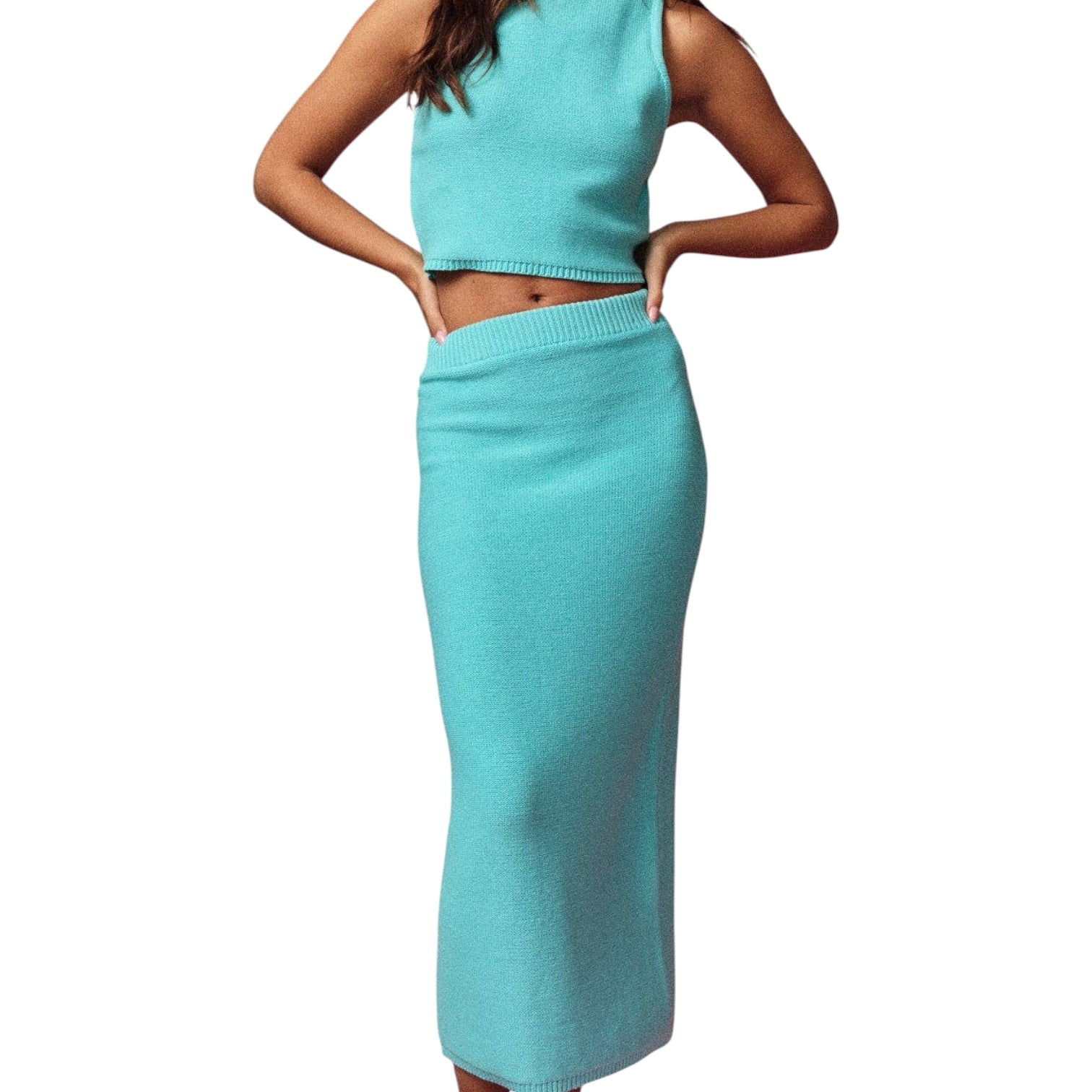Teal two-piece outfit with top and skirt on a white background