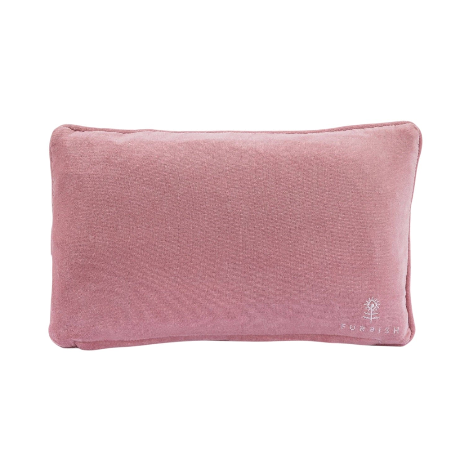 Pink pillow with a brand logo on a white background