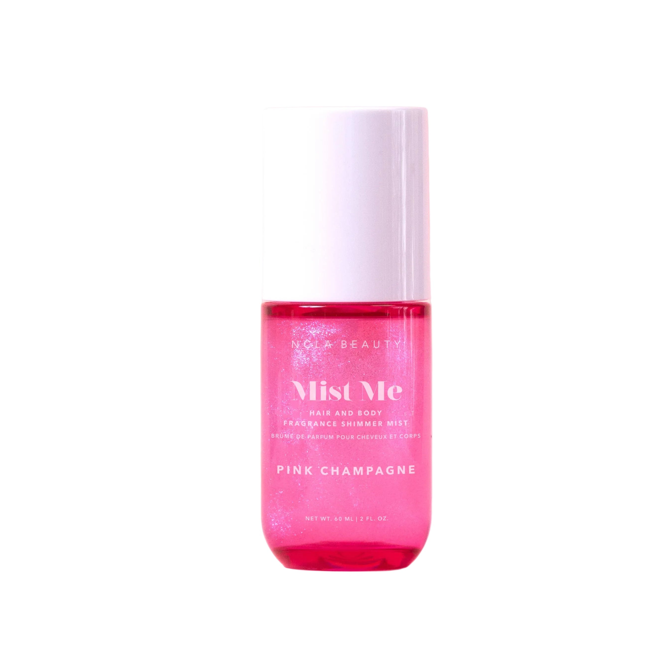 Pink bottle of 'Mist Me' fragrance shimmer mist on a white background