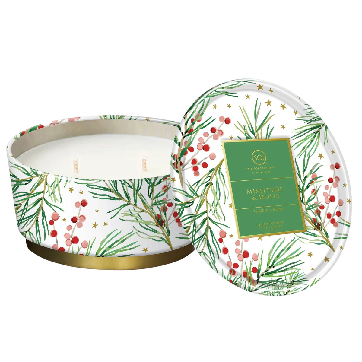 A round tin candle shown open with its matching lid beside it on a white background. The candle and lid have a white base printed with green pine branches, red berries, and small gold stars, with a green front label reading 'Mistletoe & Holly' and 'Holiday Tree' below.