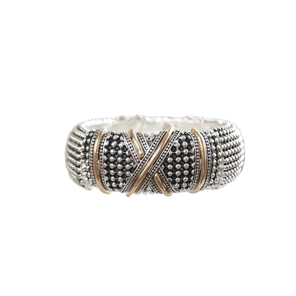 A silver-toned textured cuff bracelet with a central crossed gold-toned accent and beaded detailing, shown on a plain white background.
