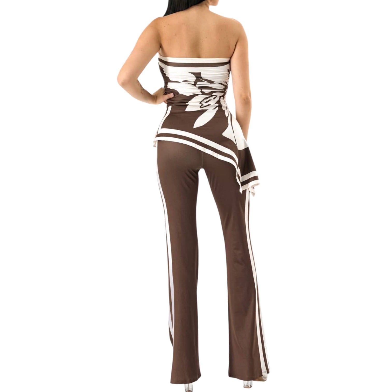 Brown and white strapless jumpsuit on a white background