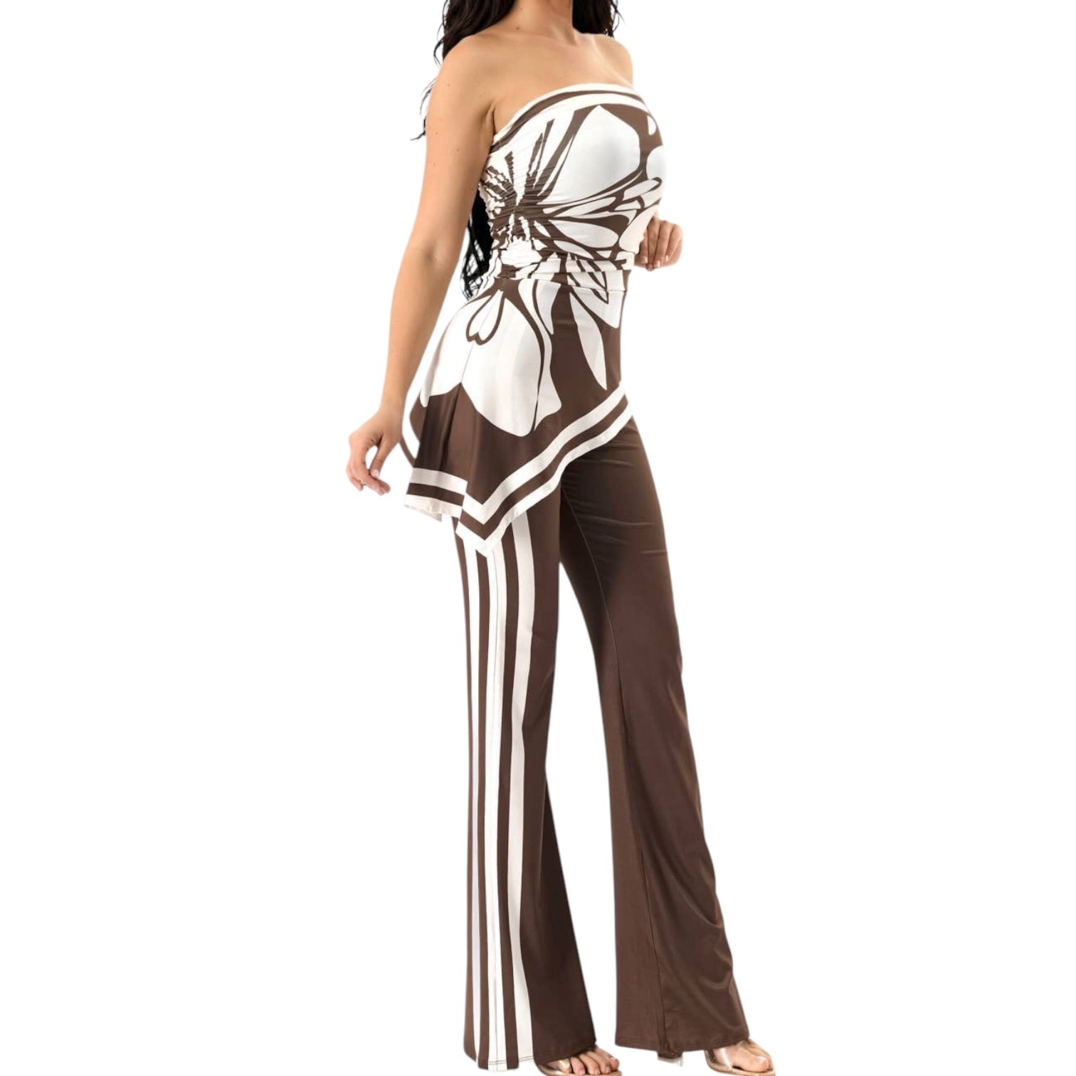 Brown and white strapless jumpsuit with floral design on a white background