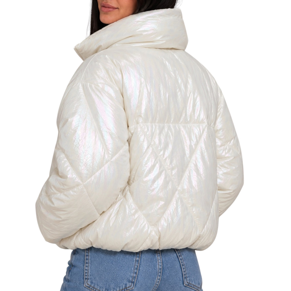 A model shown from the back wearing a shiny, puffer-style jacket with a high collar and quilted diamond pattern, paired with blue jeans against a plain white background.