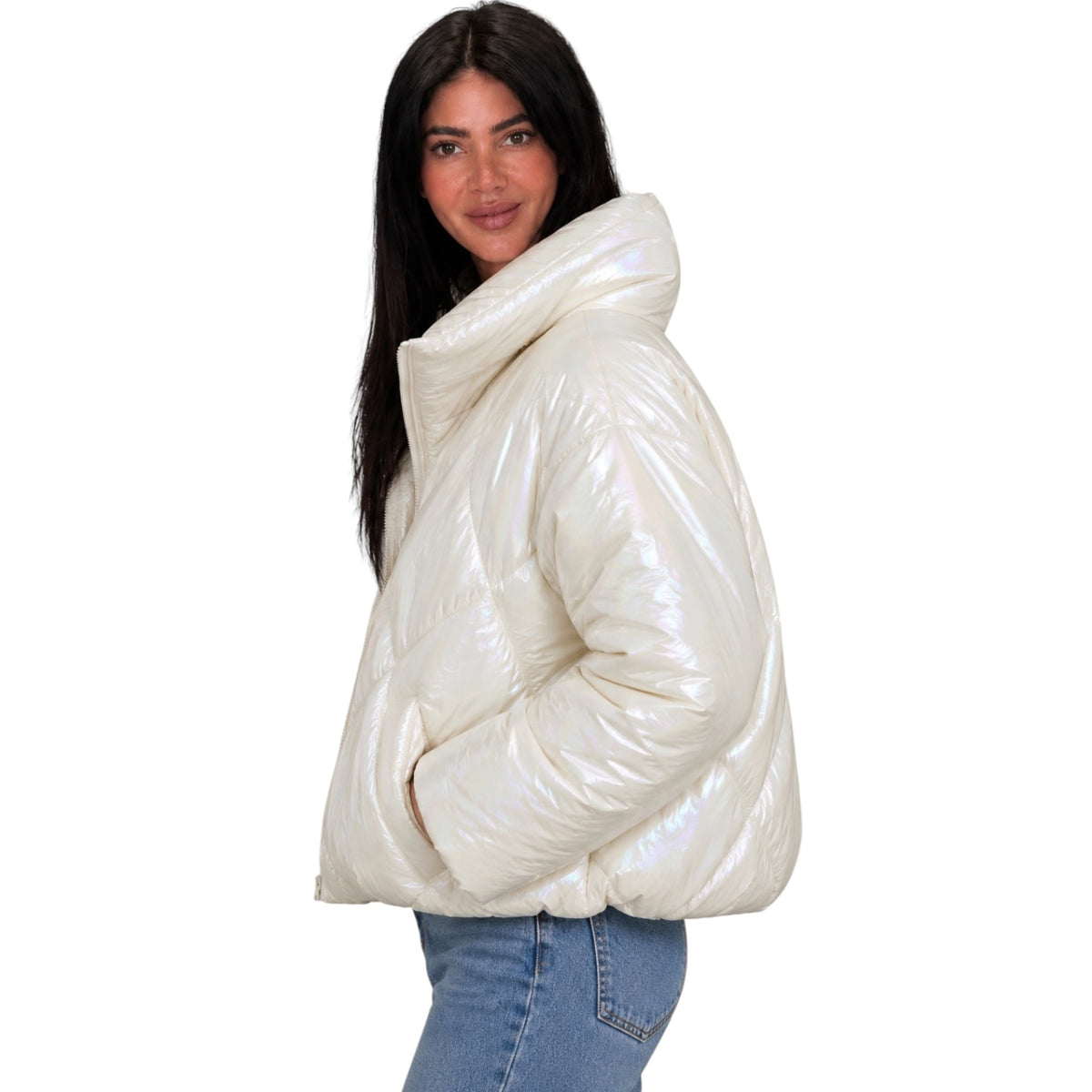 A woman wearing a shiny, puffer-style jacket with a high collar, shown from the side against a plain white background.