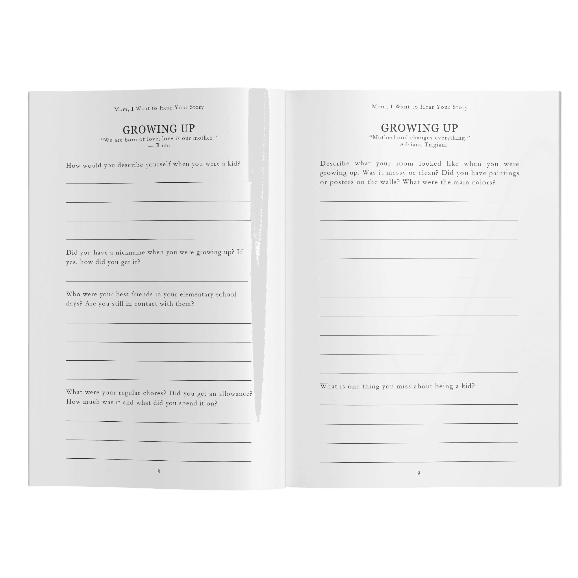 Open book with questionnaire titled 'Growing Up' on a white background