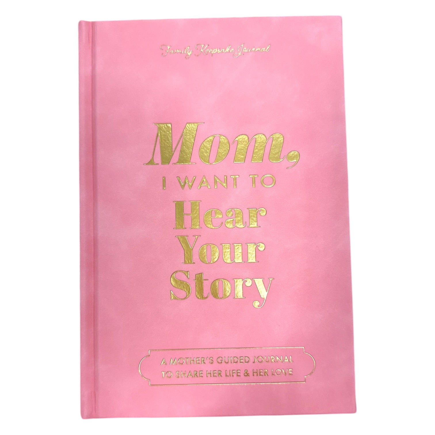 Pink journal with gold text on a white background