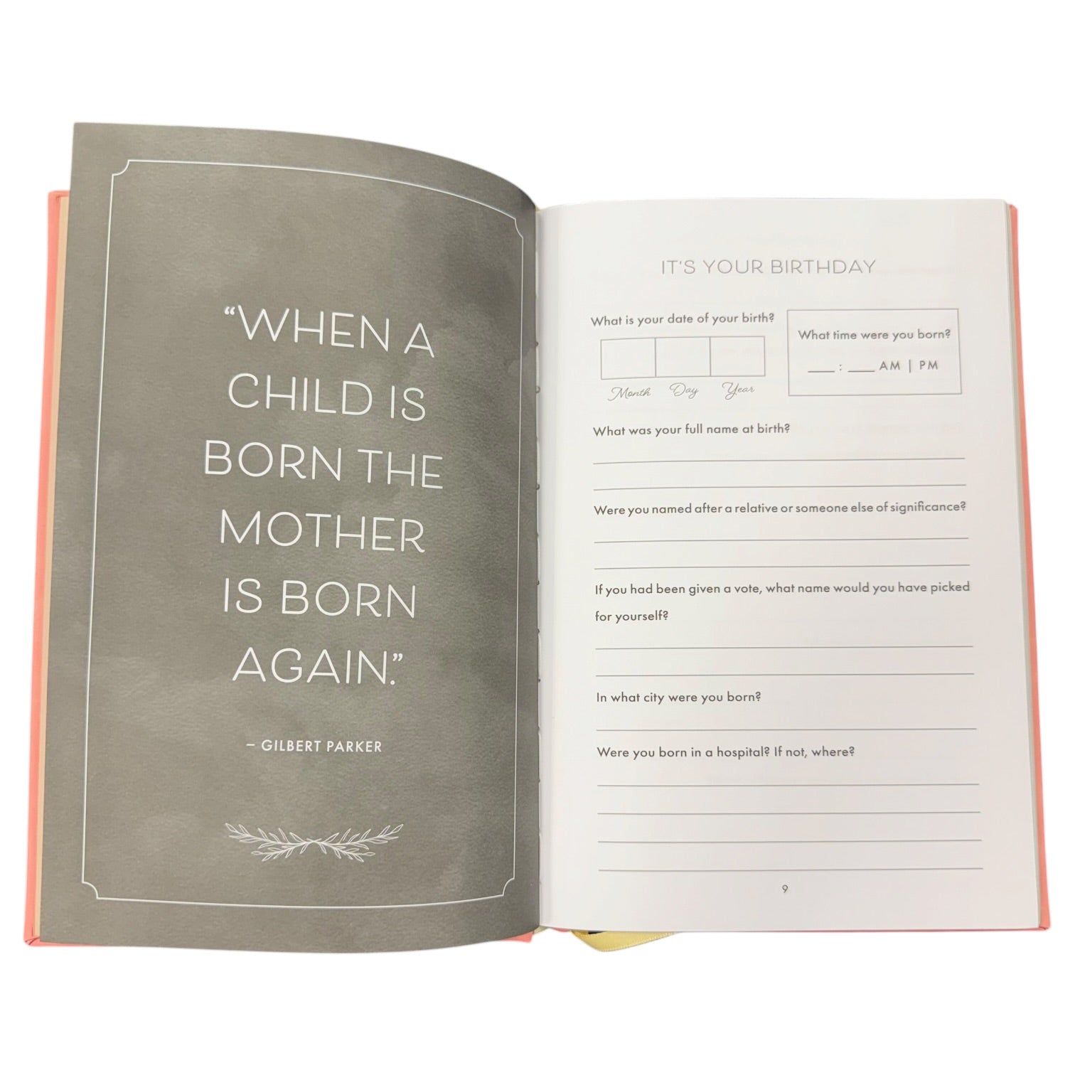 Open book with a quote and birthday questionnaire on white background