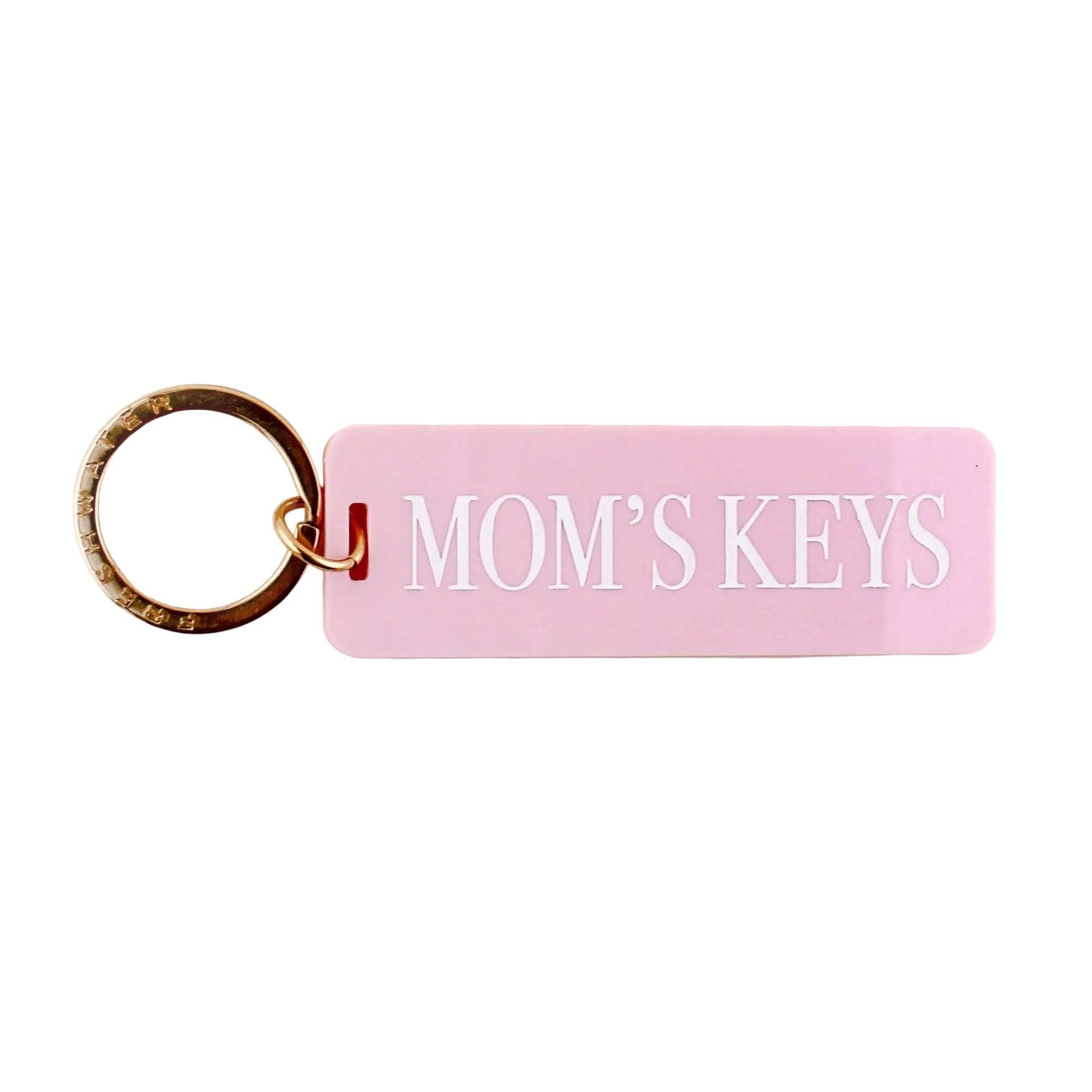 Pink keychain with 'MOM'S KEYS' text on a white background