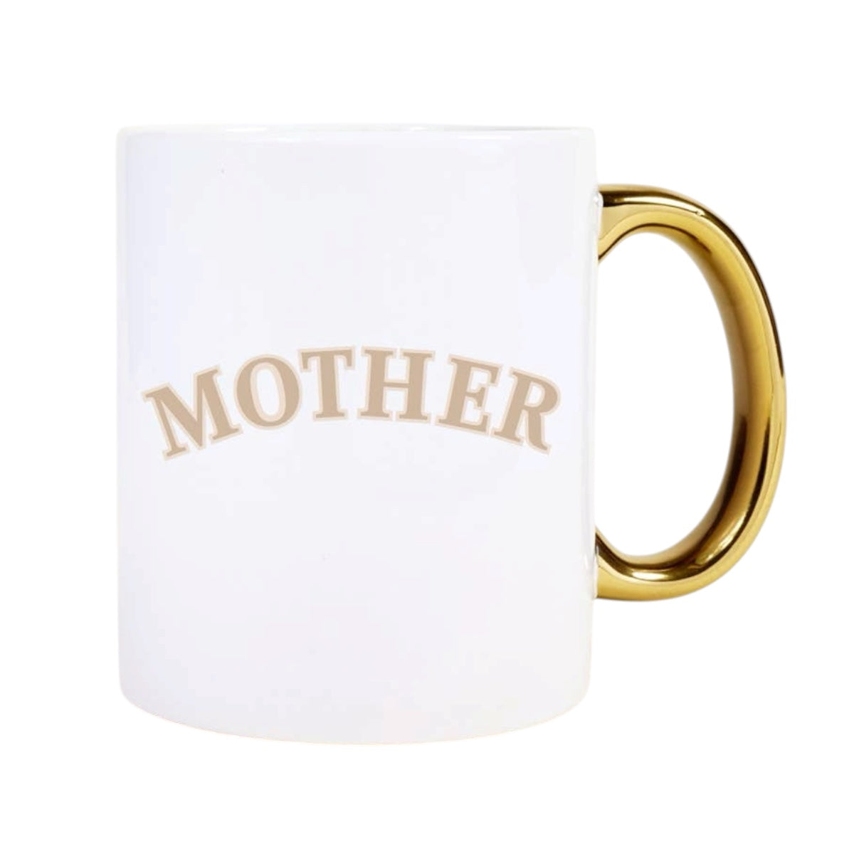 White mug with gold handle and 'MOTHER' text on a white background