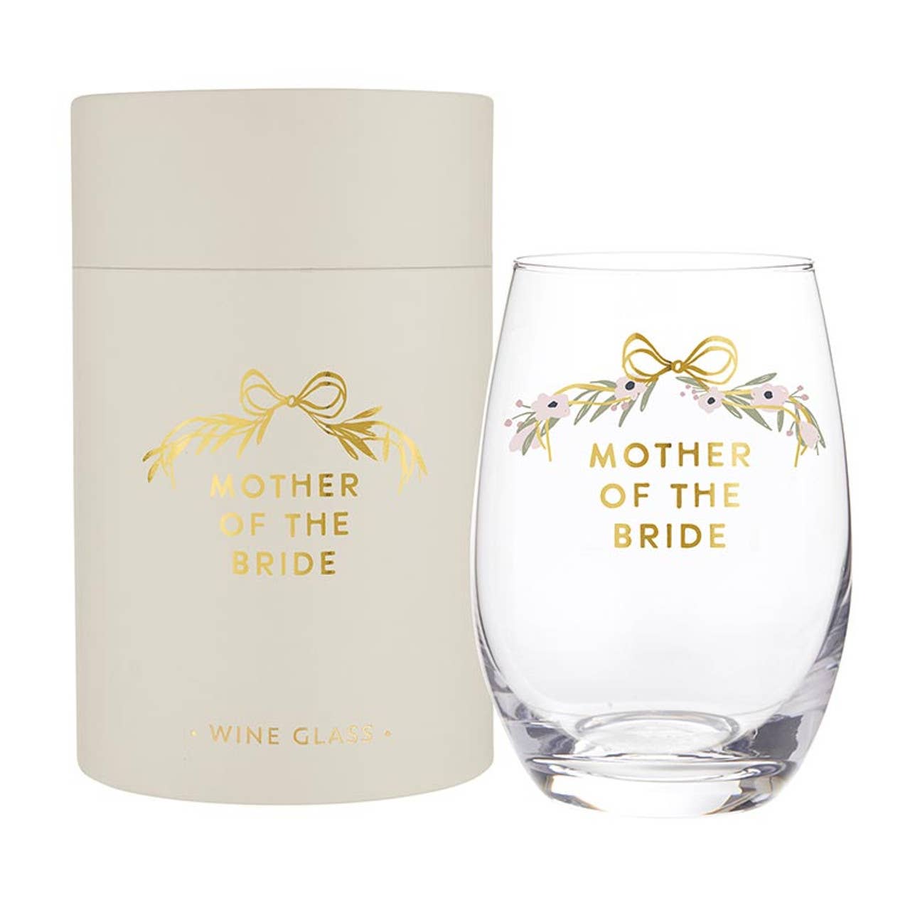 Clear 'Mother of the Bride' wine glass with gold text and matching box on a white background