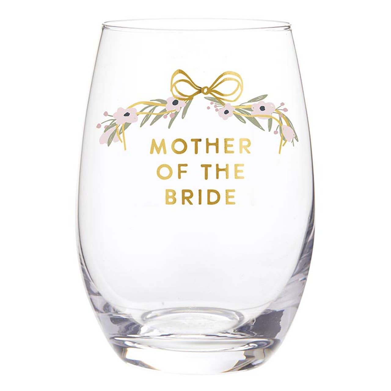 Clear glass with 'Mother of the Bride' text and decorative elements on a white background