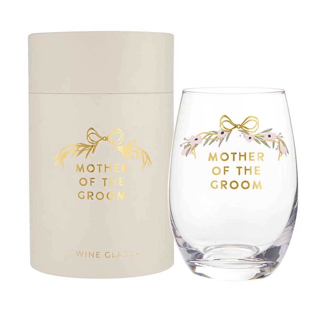 Clear wine glass with 'Mother of the Groom' text and matching box on a white background