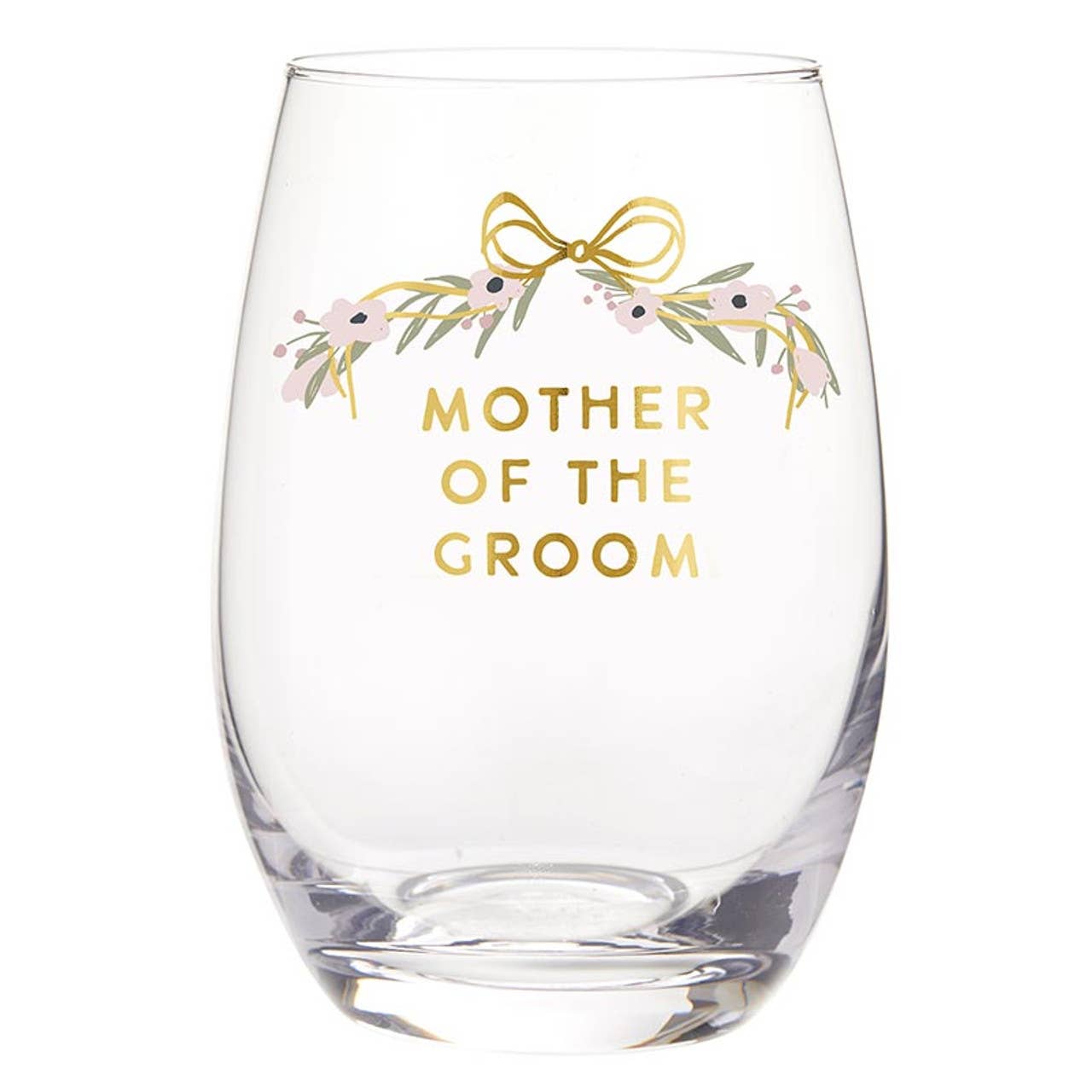 Clear glass with 'Mother of the Groom' text and decorative bow design on a white background