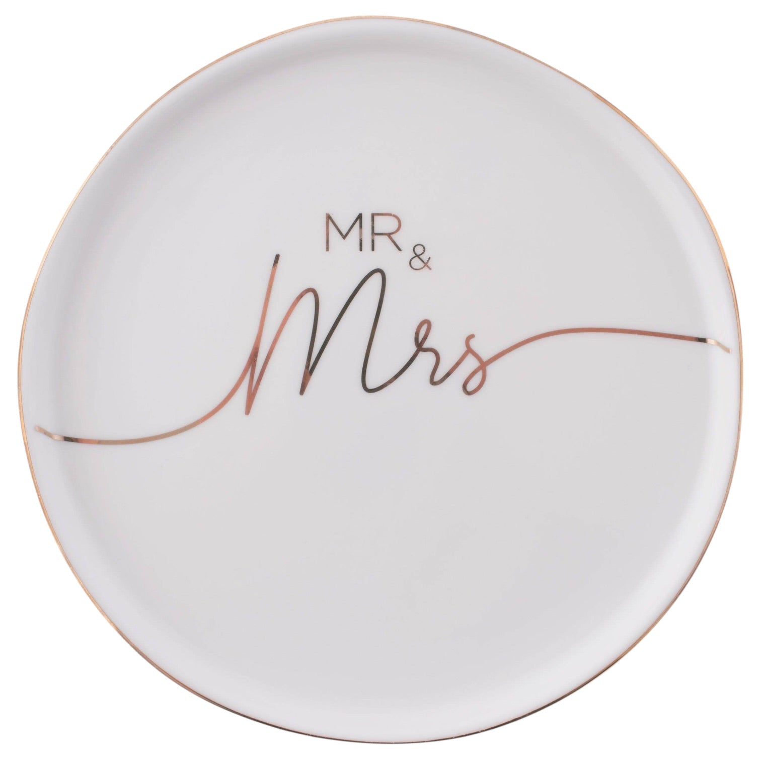 Round ceramic plate with 'MR & MRS' text on a white background