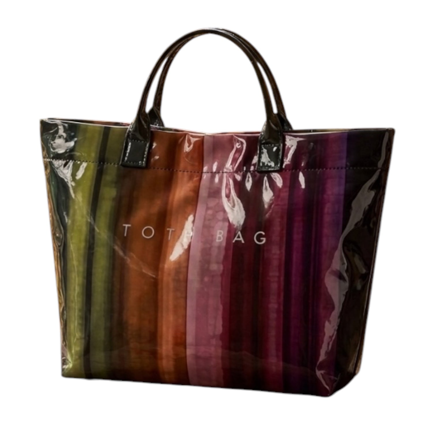 A glossy vertical-striped tote bag with dark brown handles and 'TOT BAG' printed in white on the front, set against a plain white background.