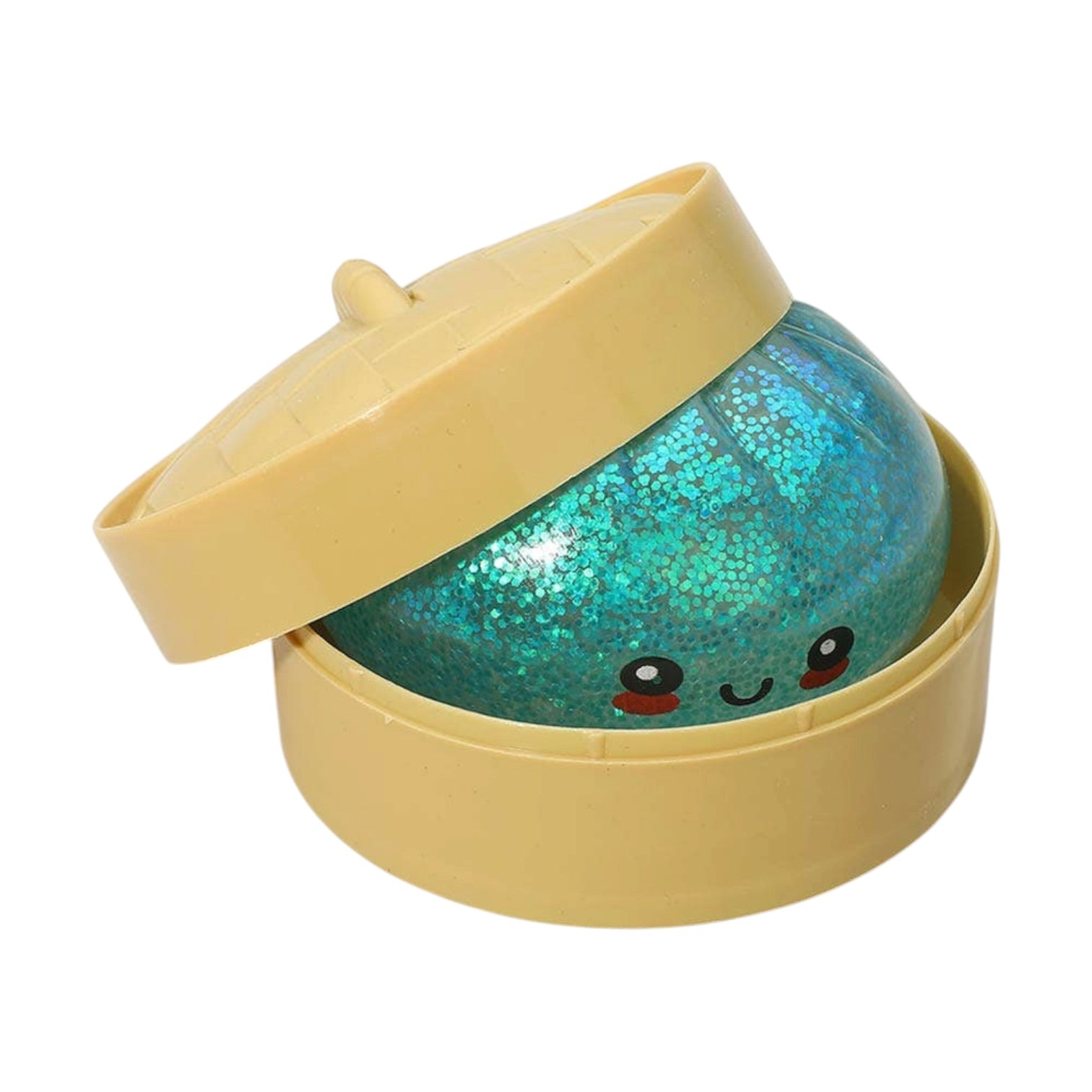 Yellow container with a blue glittery ball inside on a white background