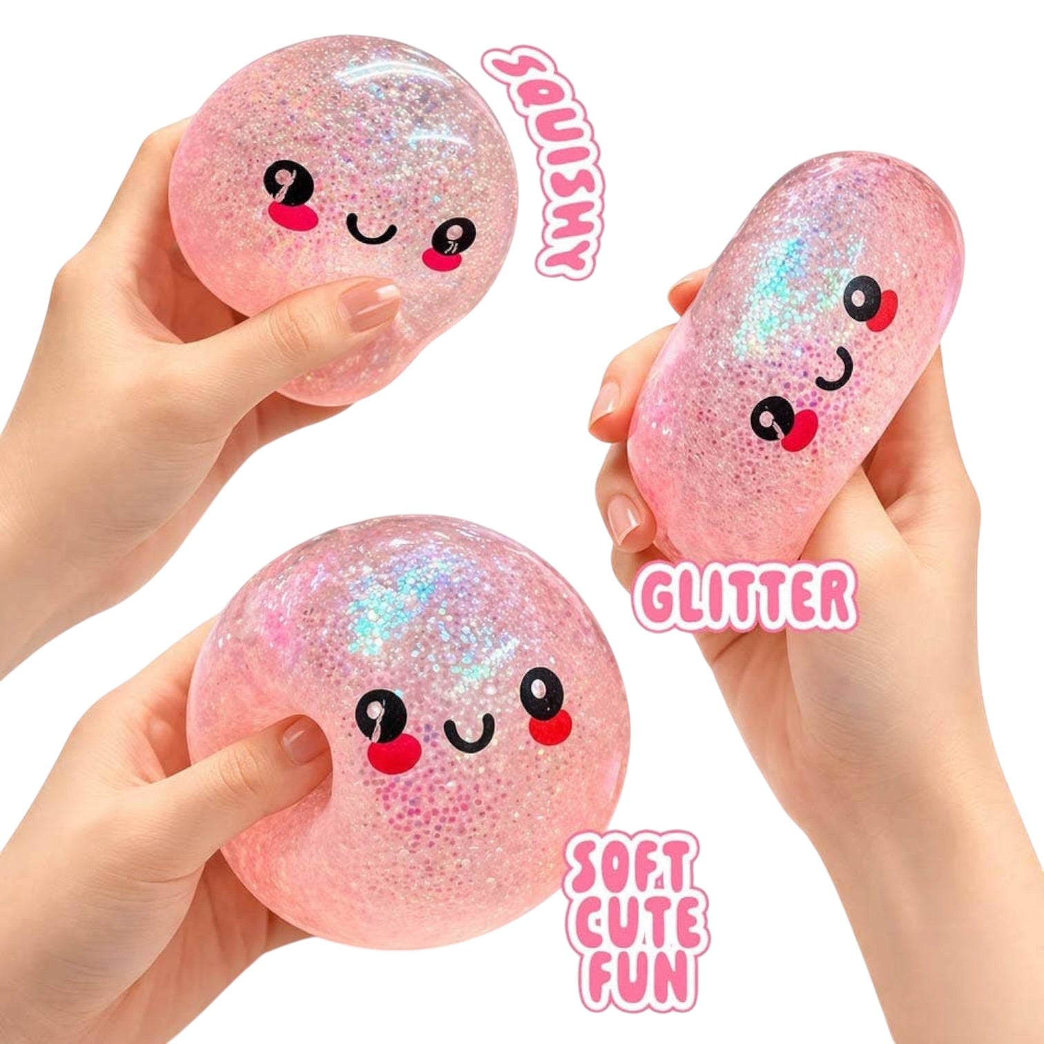 Three pink glitter squishies with smiling faces held by hands, labeled 'Squishy', 'Glitter', and 'Soft Cute Fun'.