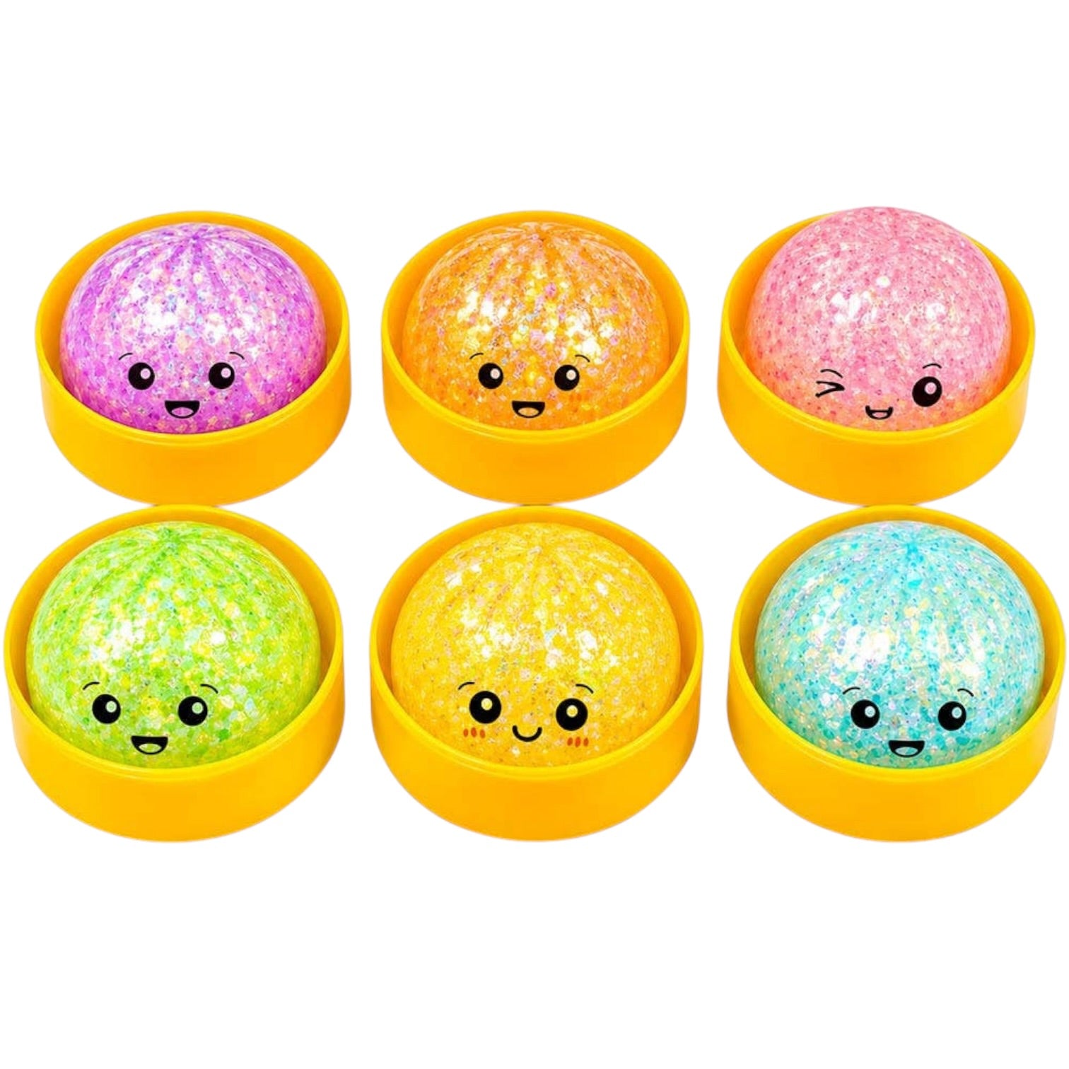 Set of six colorful glittery balls with smiling faces in yellow containers on a white background