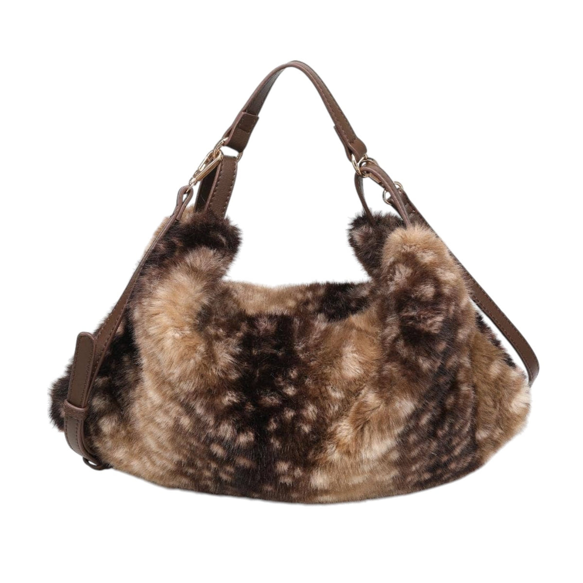A brown and beige faux fur shoulder bag with a brown leather strap and gold-tone hardware, shown against a plain white background.