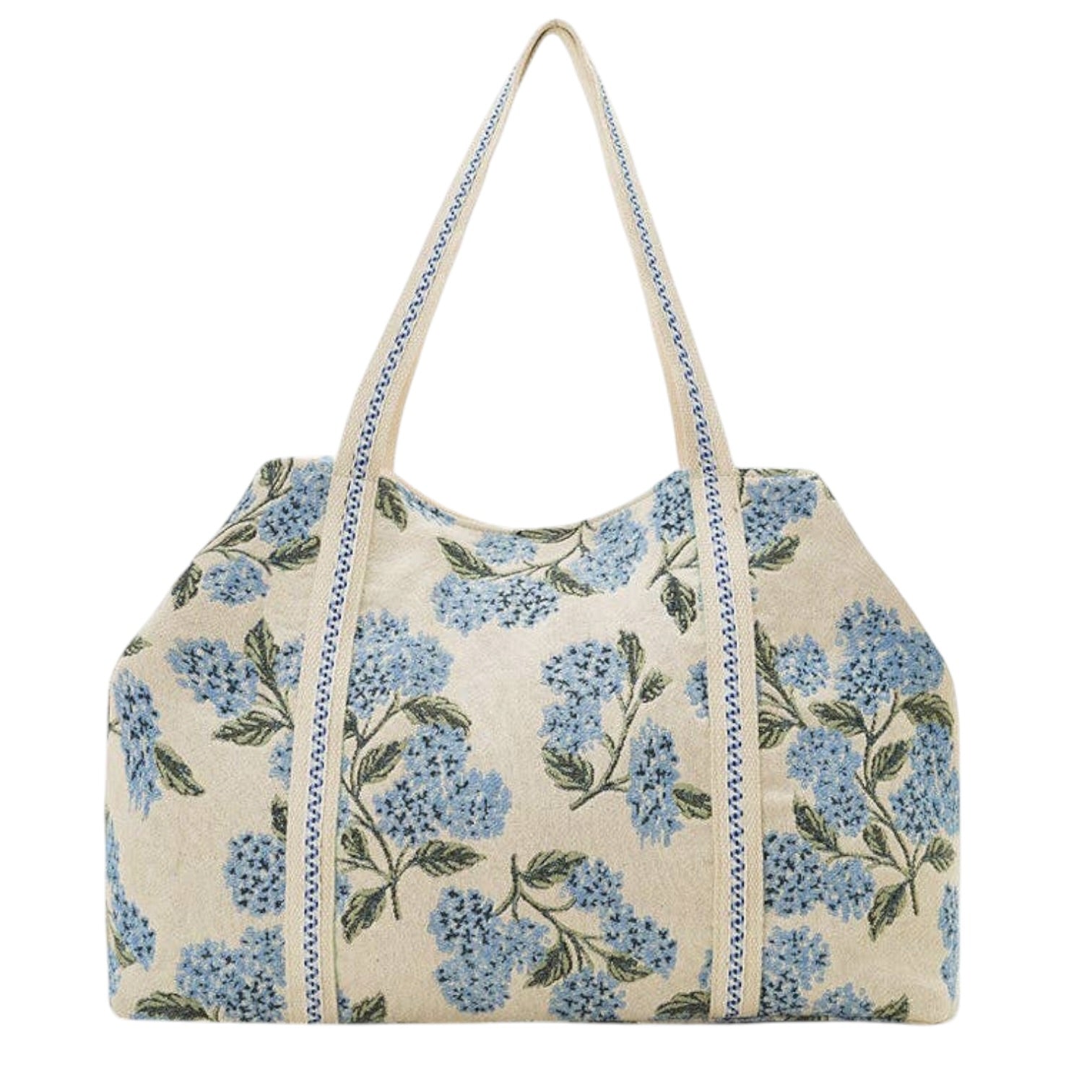 Floral patterned tote with blue flowers on a beige background