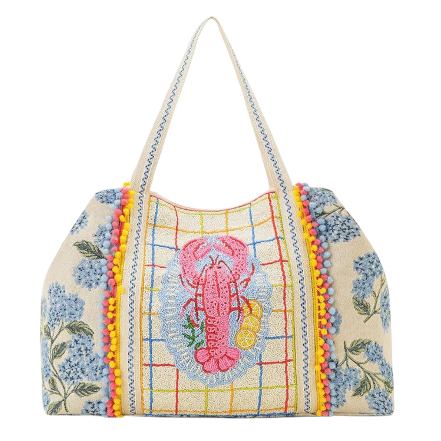 Colorful handbag with a lobster design on a white background