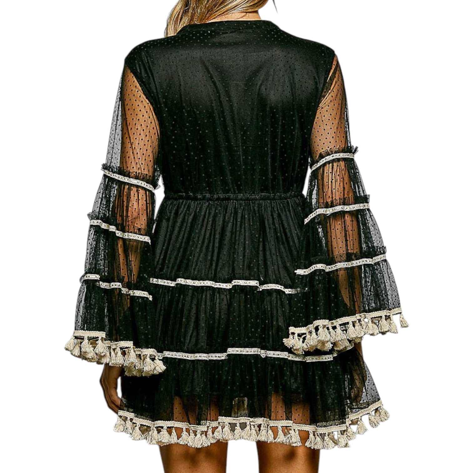 Black dress with sheer sleeves and hem on a white background