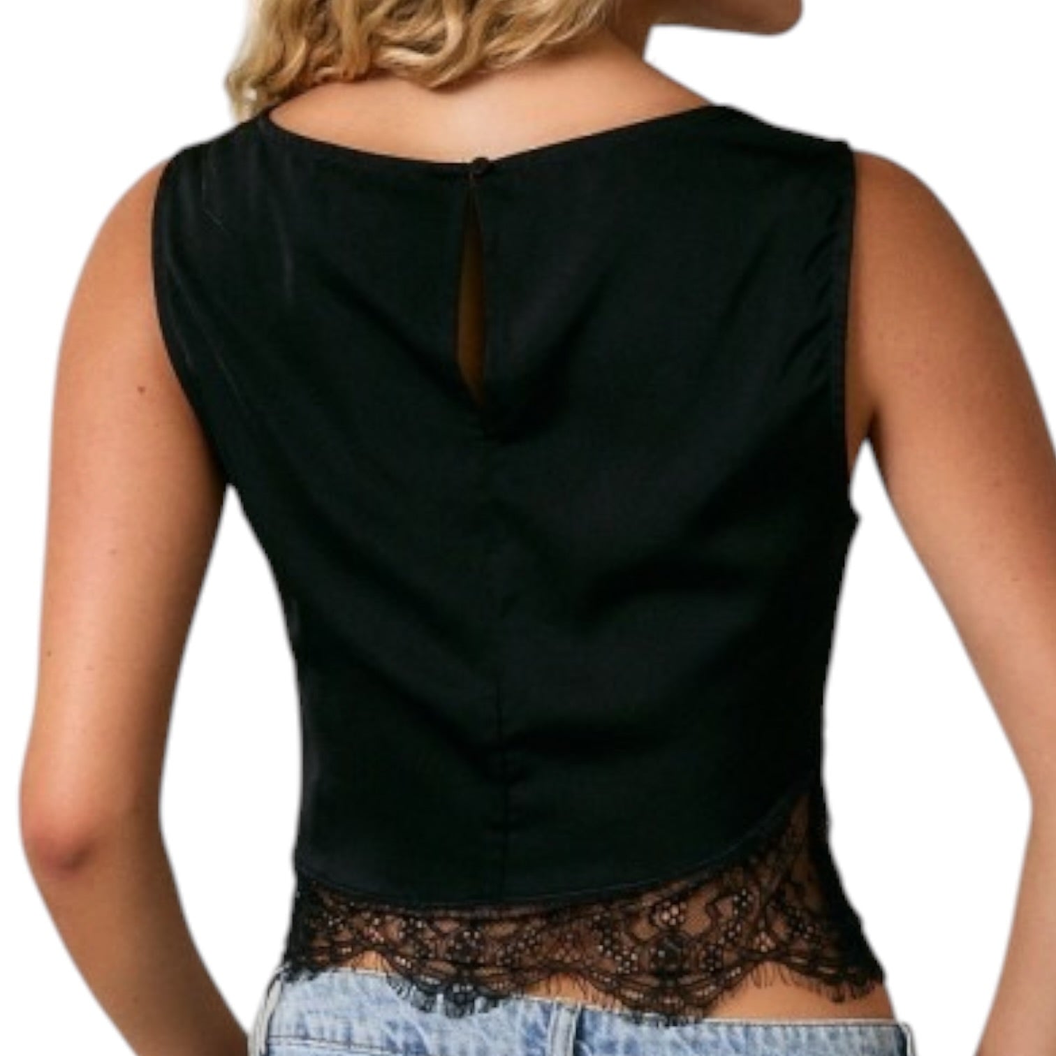 Black sleeveless top with lace hem on a white background