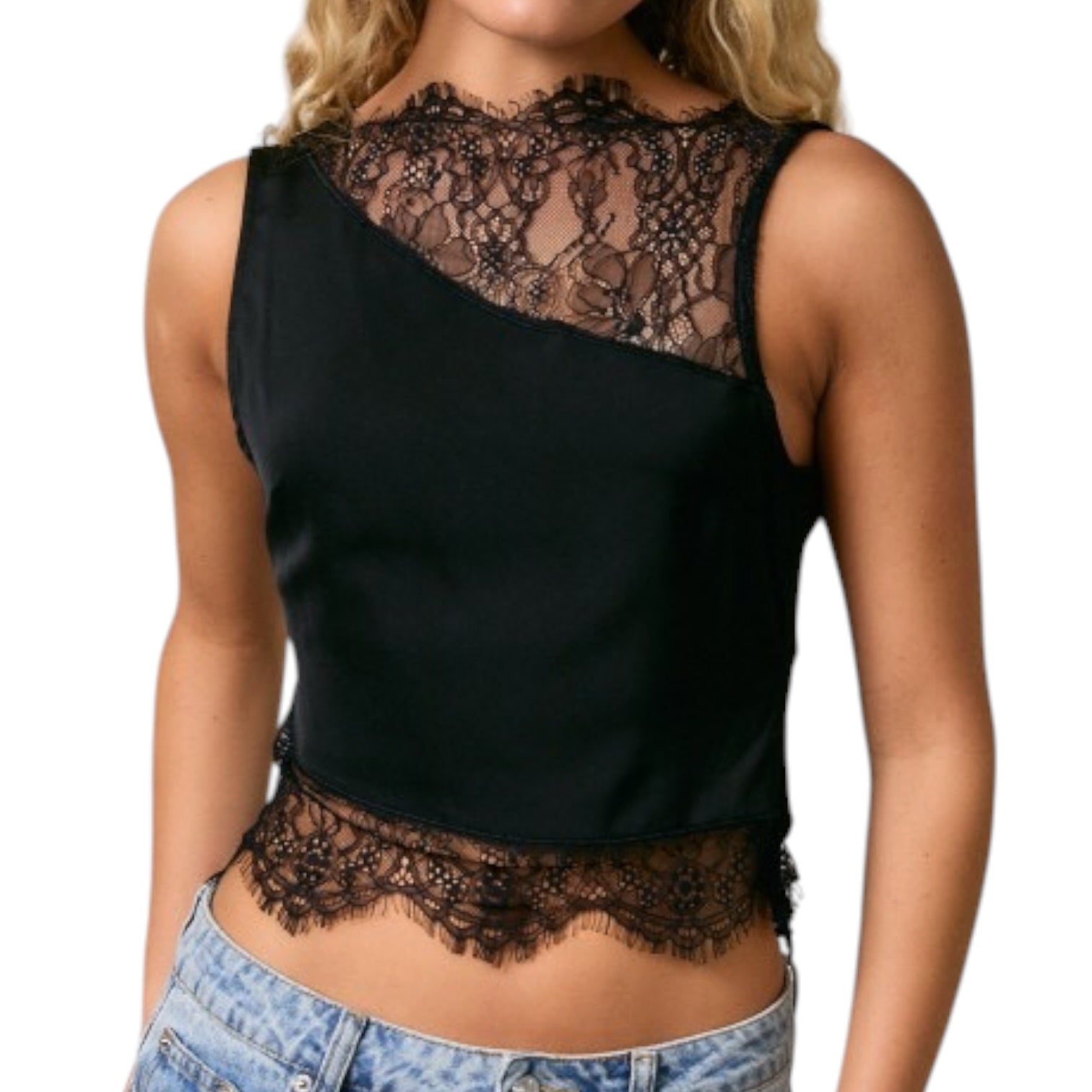 Black lace top worn by a model on a white background