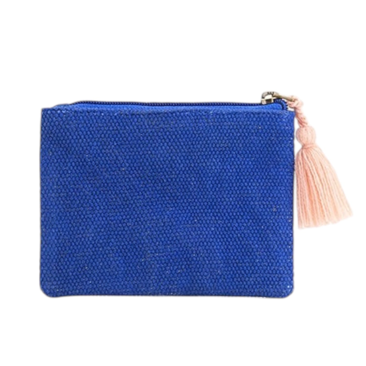 Blue pouch with a pink tassel on a white background