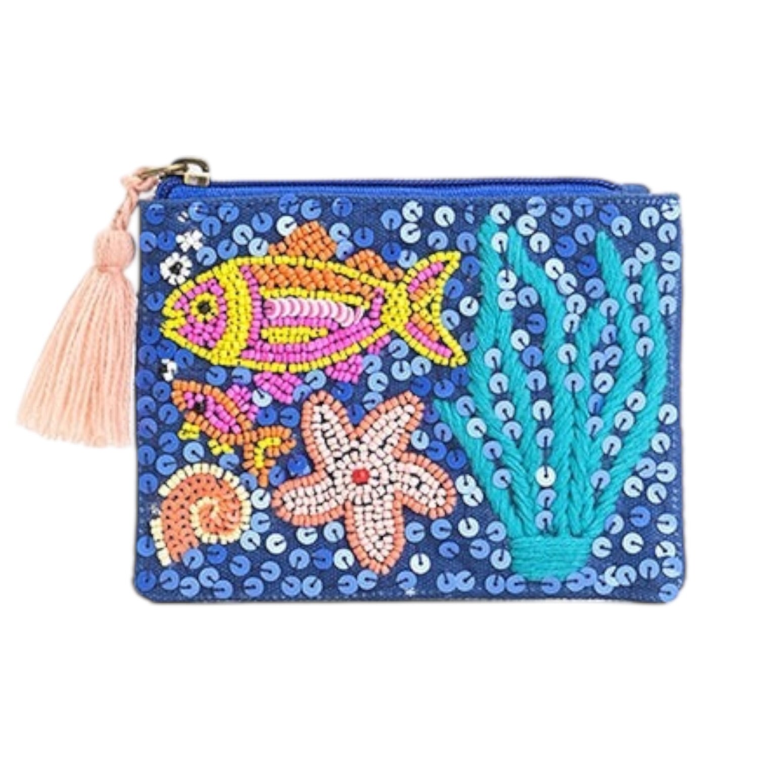 Colorful pouch with fish design and tassel on a white background