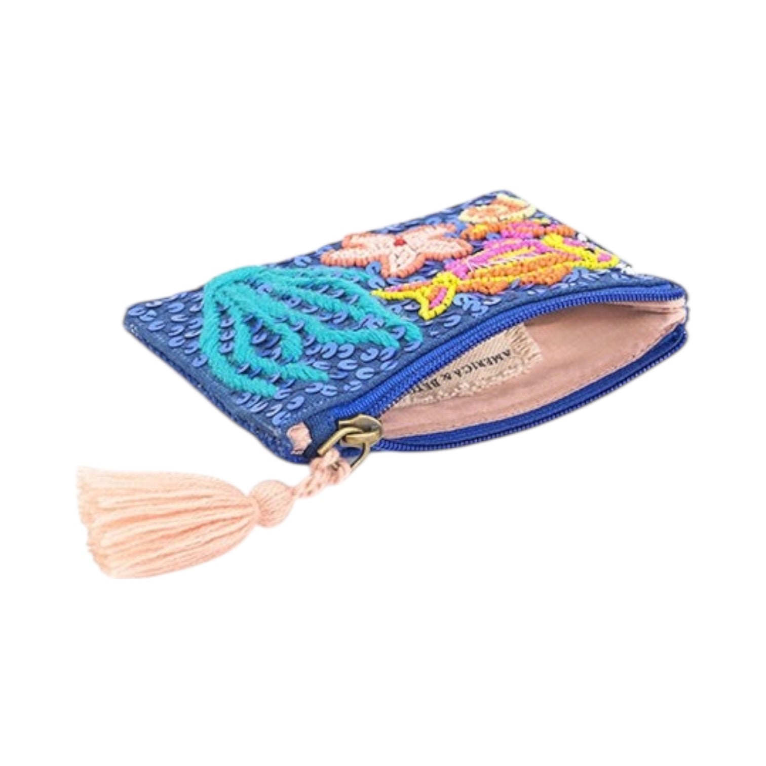 Colorful embroidered pouch with tassel on a white background
