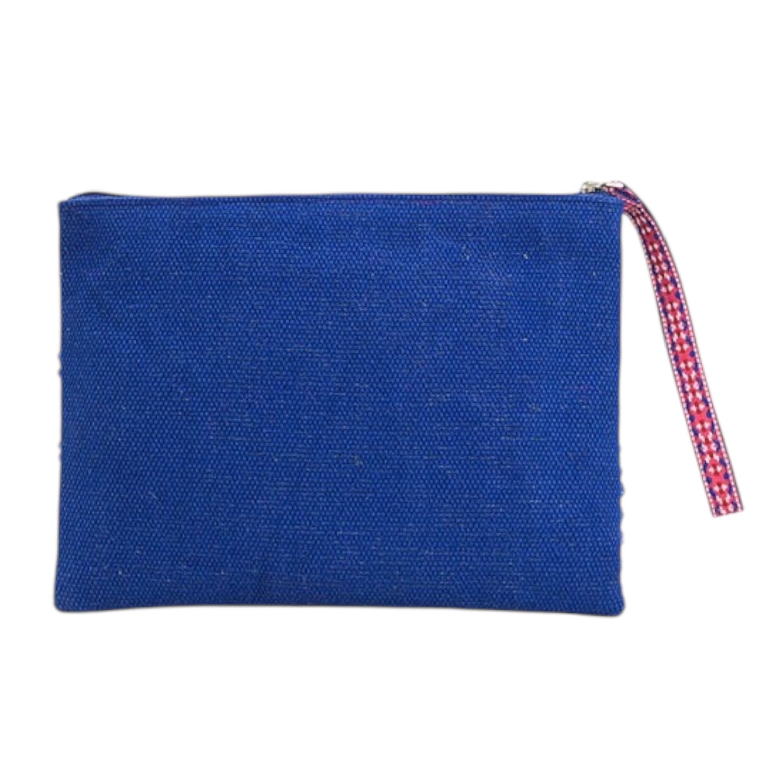 Blue pouch with a red and white checkered strap on a white background