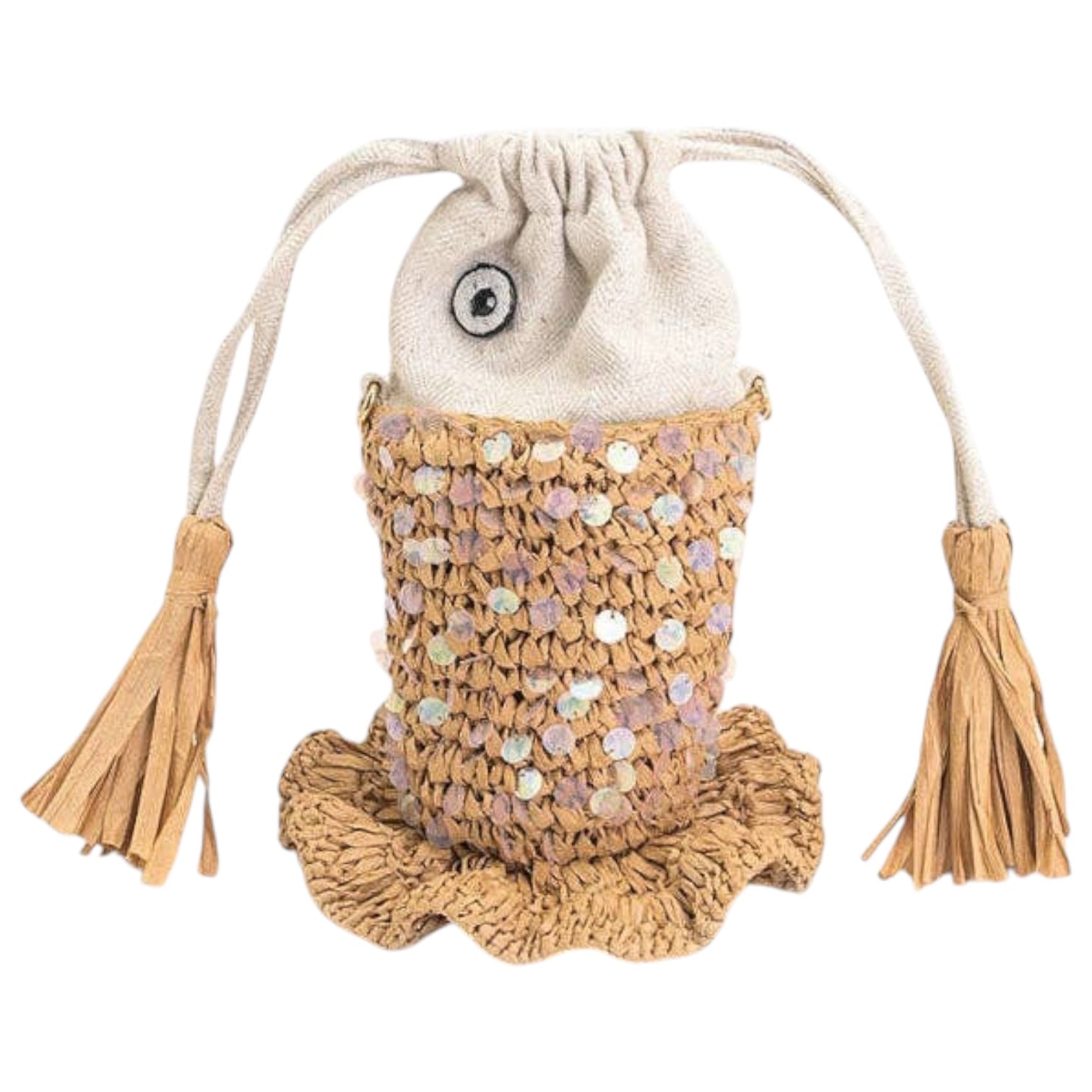 Drawstring bag with sequin embellishments and tassels on a white background