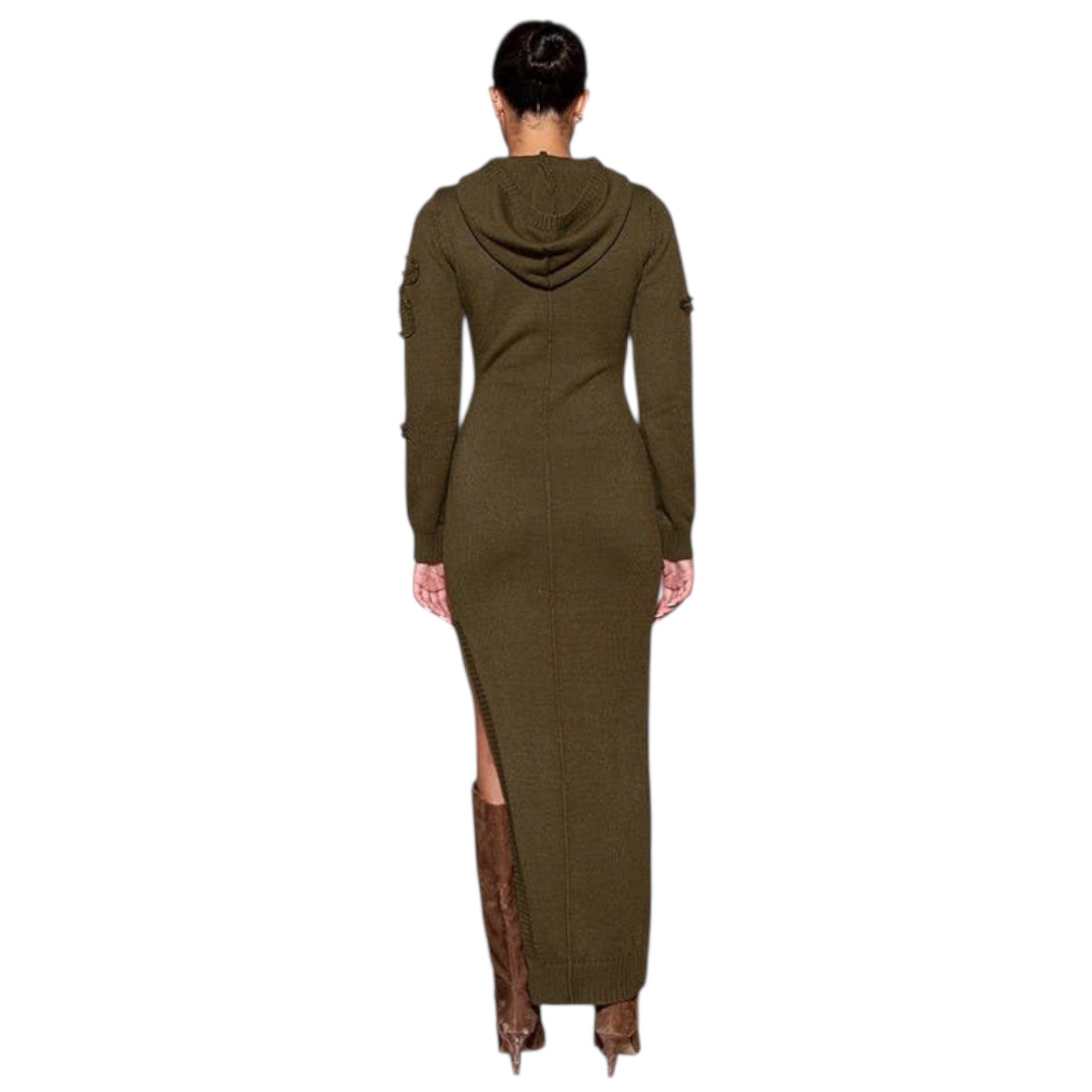 Long olive green dress with a hood on a white background