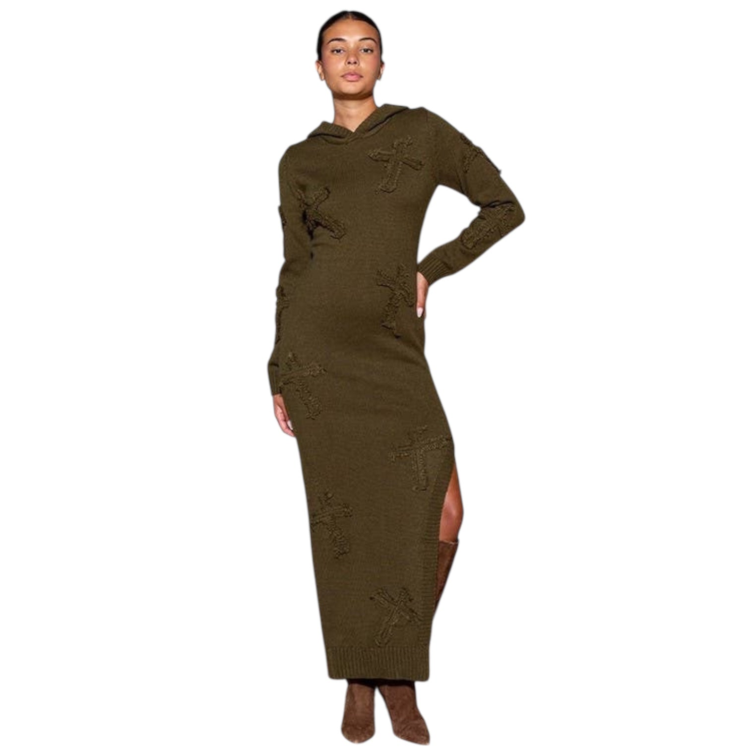 Woman wearing a long brown knitted dress with a hood on a white background