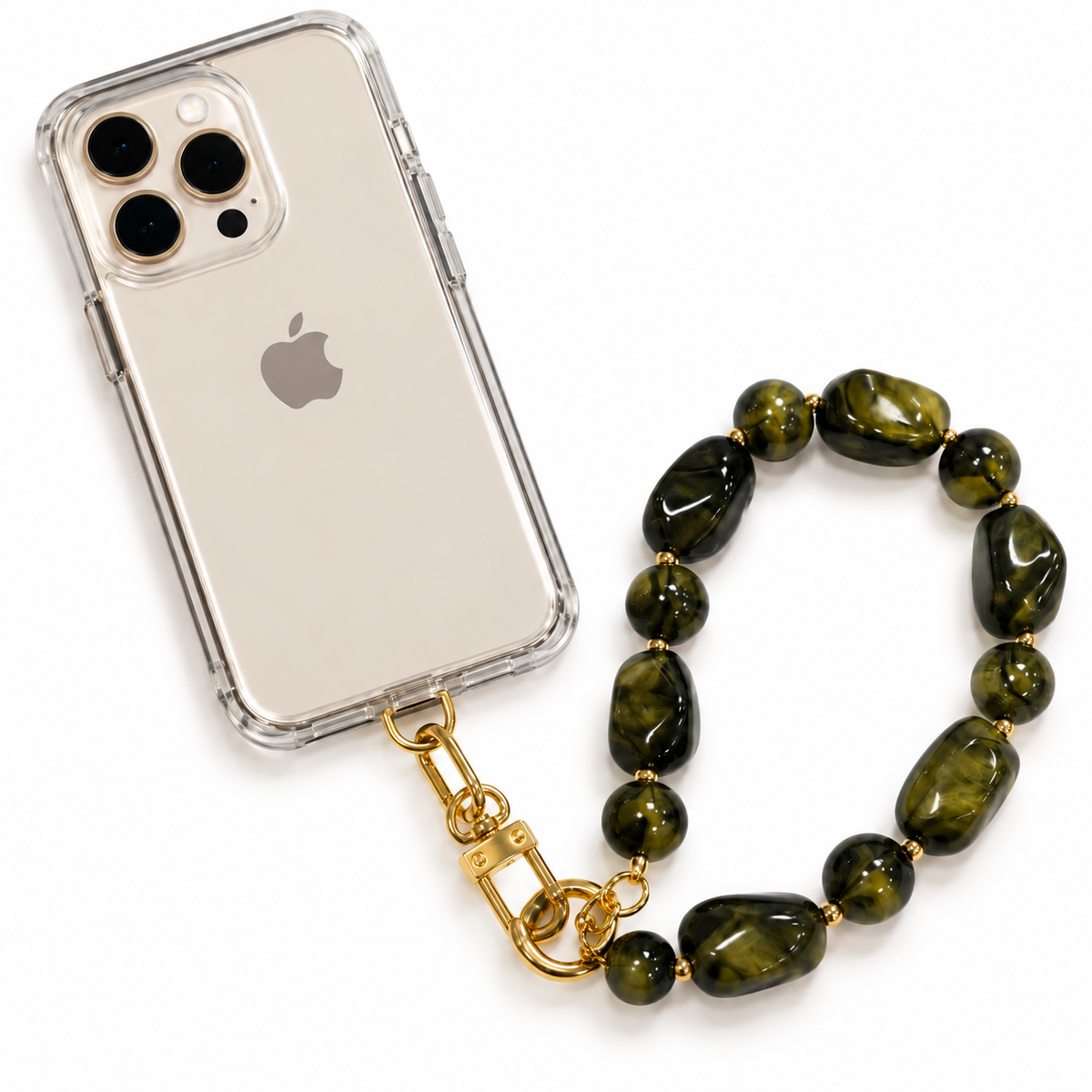A clear iPhone case with a green marbled beaded strap and gold clasp, shown on a white background.